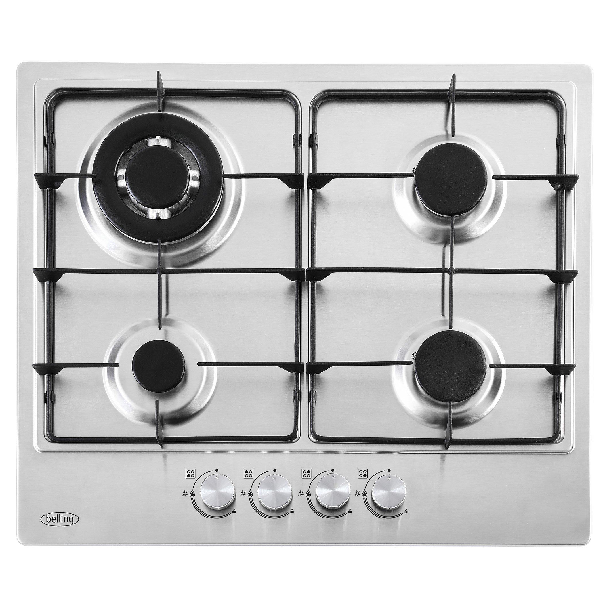 60cm stainless steel gas hob with powerful 3.6kW wok burner and ribbon iron pan supports