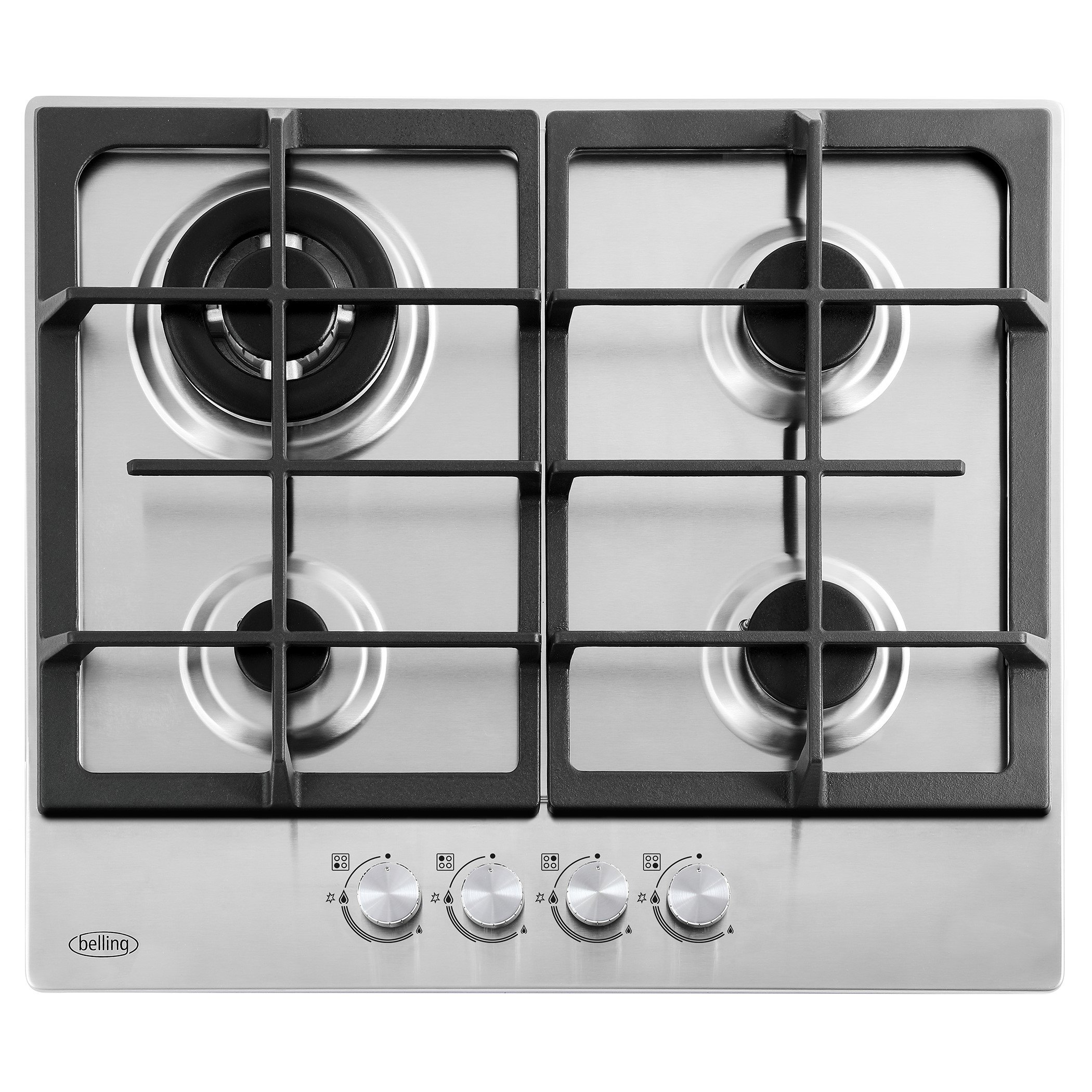60cm stainless steel gas hob with powerful 3.6kW wok burner and cast iron pan supports