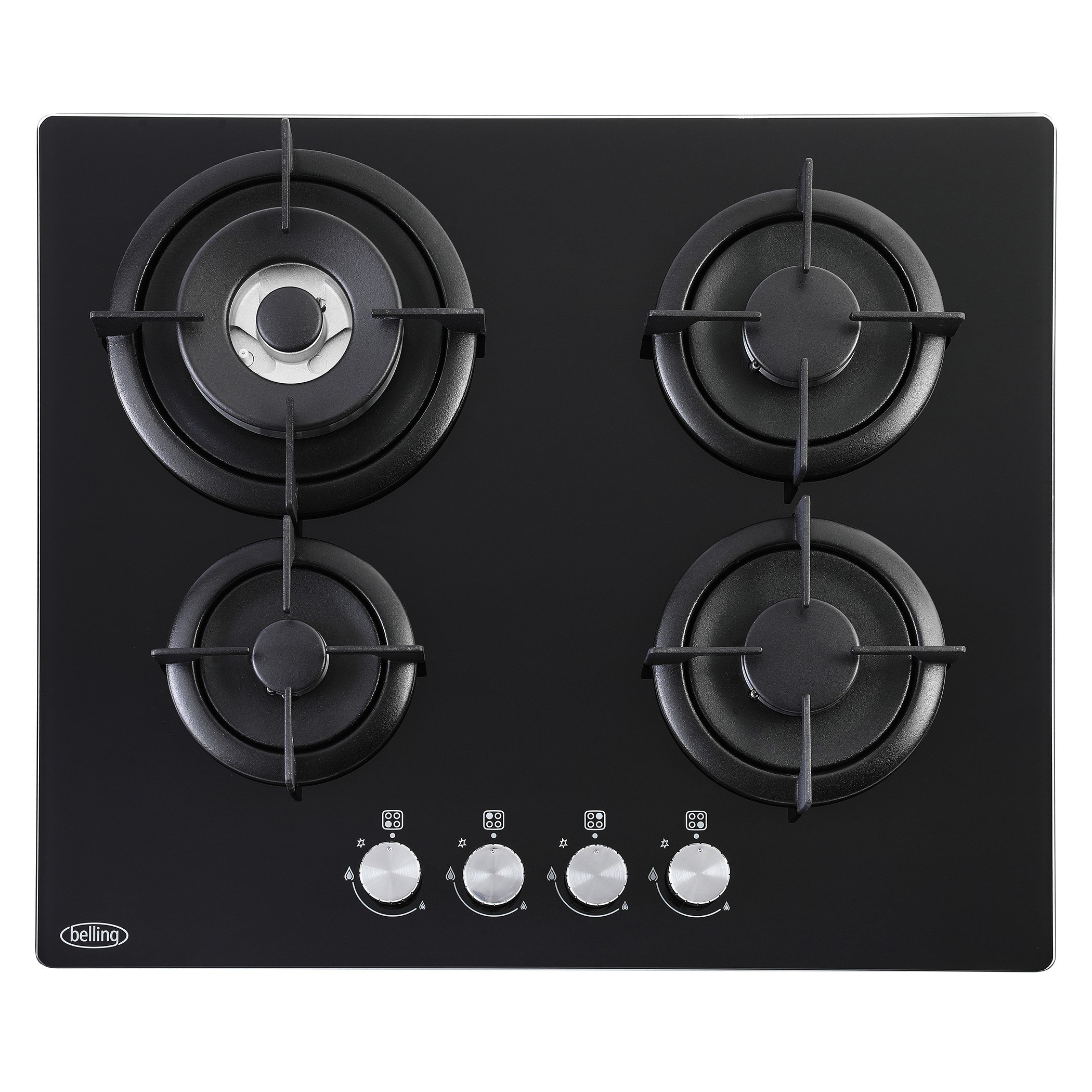 60cm gas through glass hob with powerful 3.6kW wok burner and ribbon iron pan supports