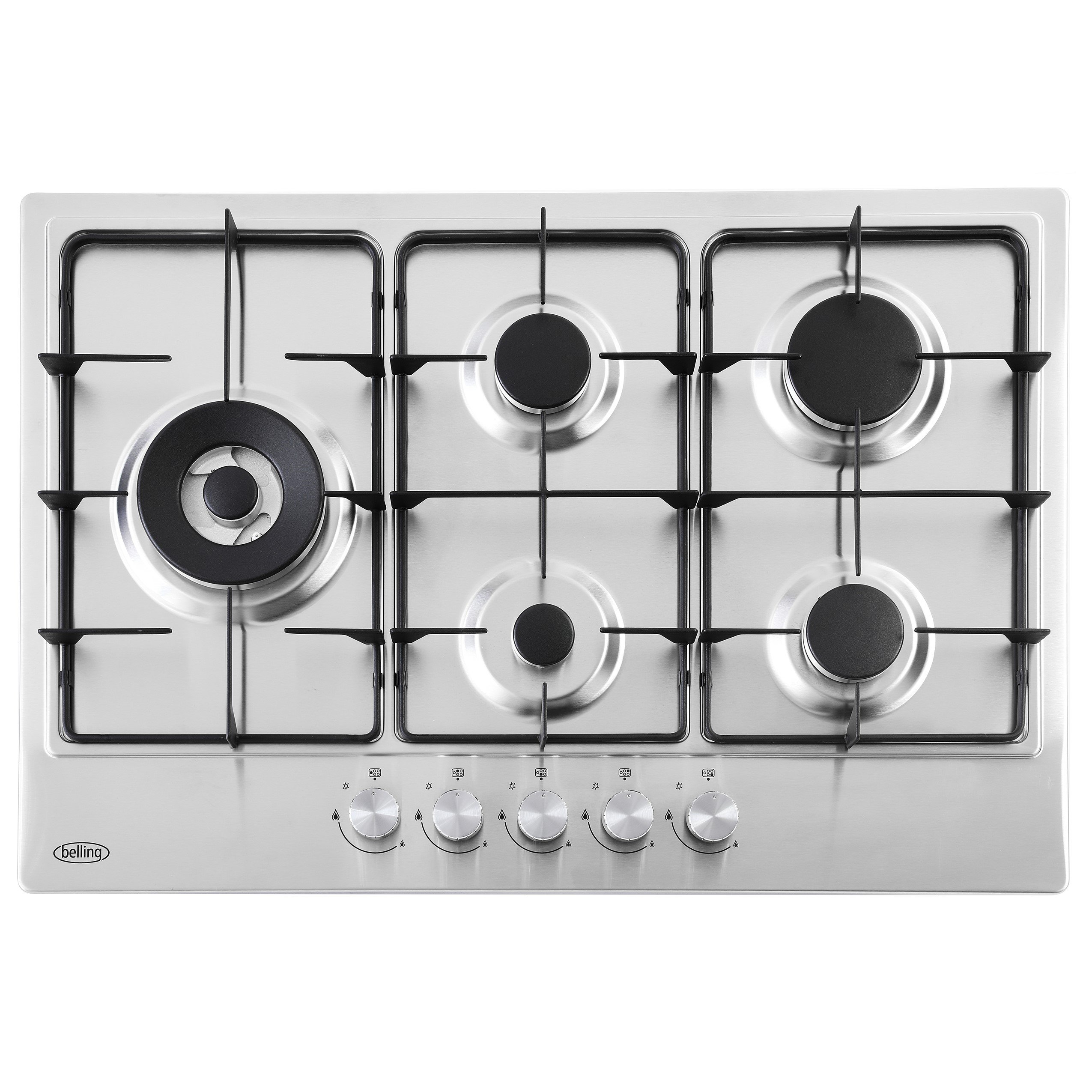 75cm stainless steel gas hob with powerful 3.6kW wok burner and ribbon iron pan supports