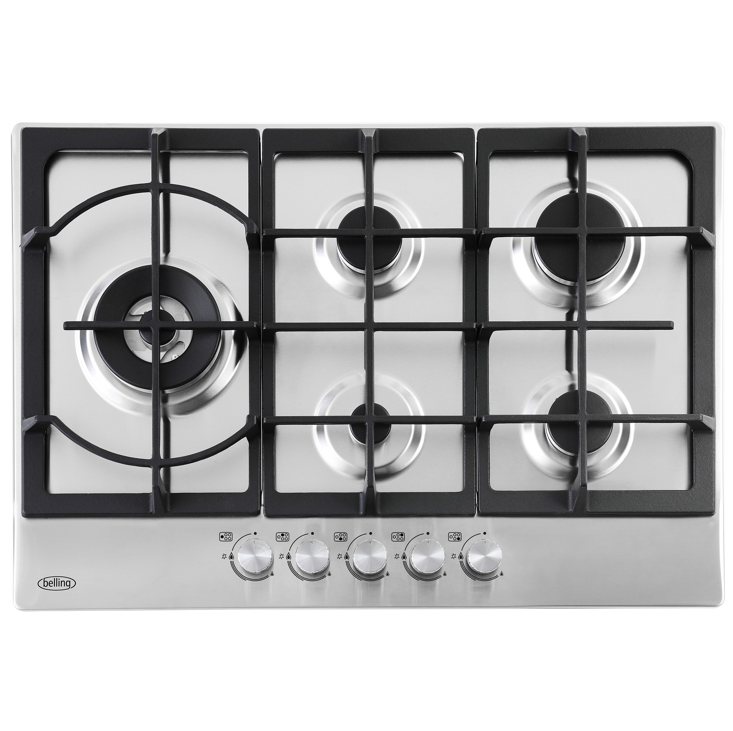 75cm stainless steel gas hob with powerful 3.6kW wok burner and cast iron pan supports