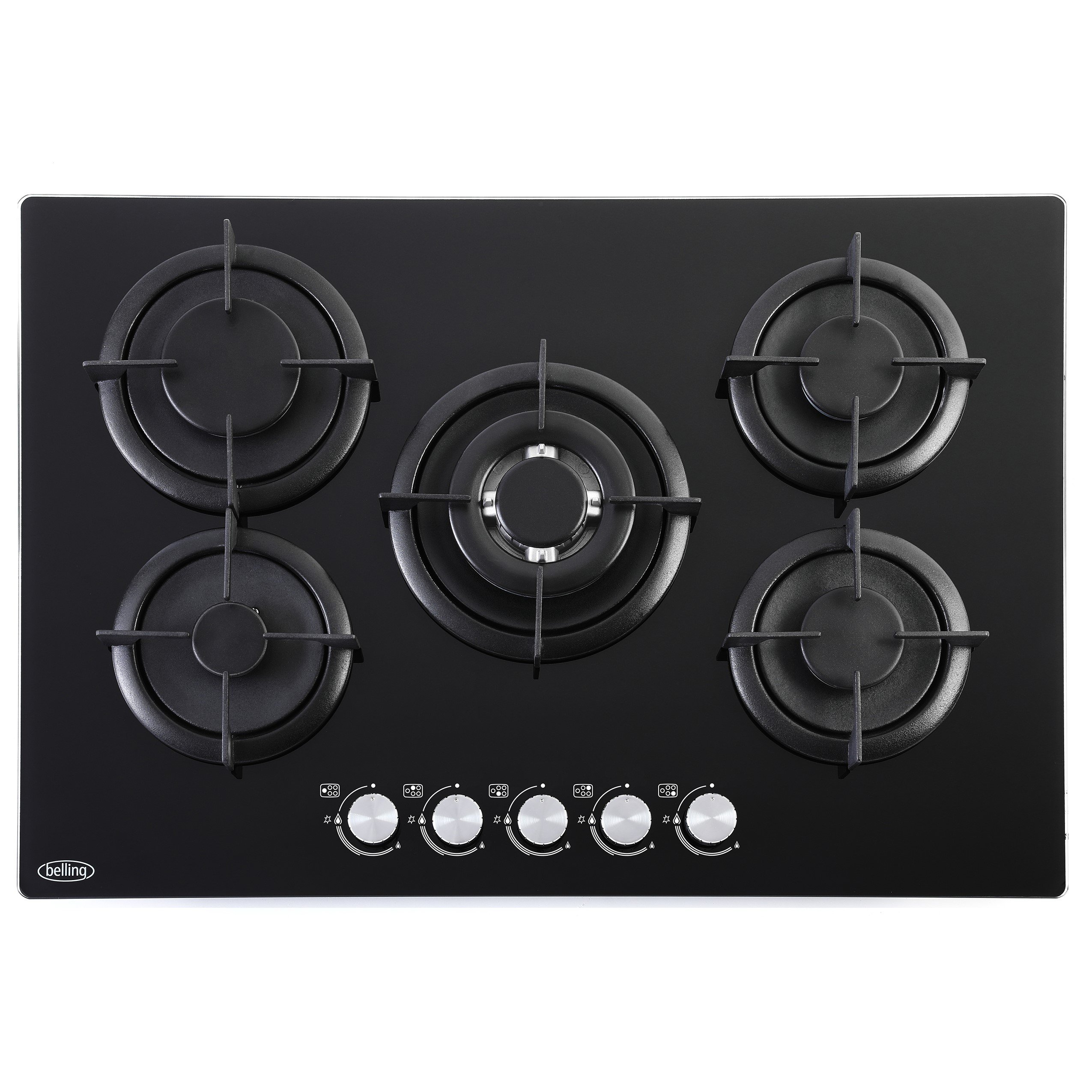 75cm gas through glass hob with powerful 3.6kW wok burner and ribbon iron pan supports