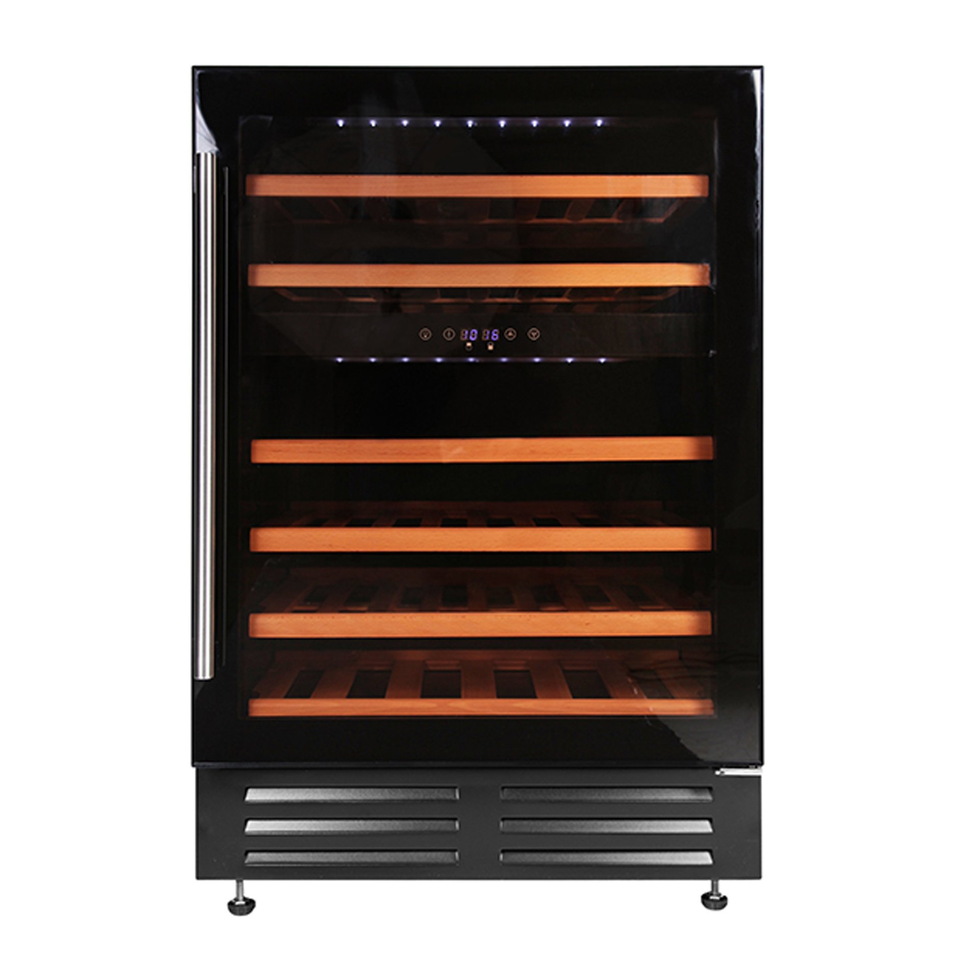 Integrated 60cm wine cooler has a 145 litre capacity which equates to approximately 46 bottles. Features include CFC/HFC free, adjustable thermostat and digital temp display.