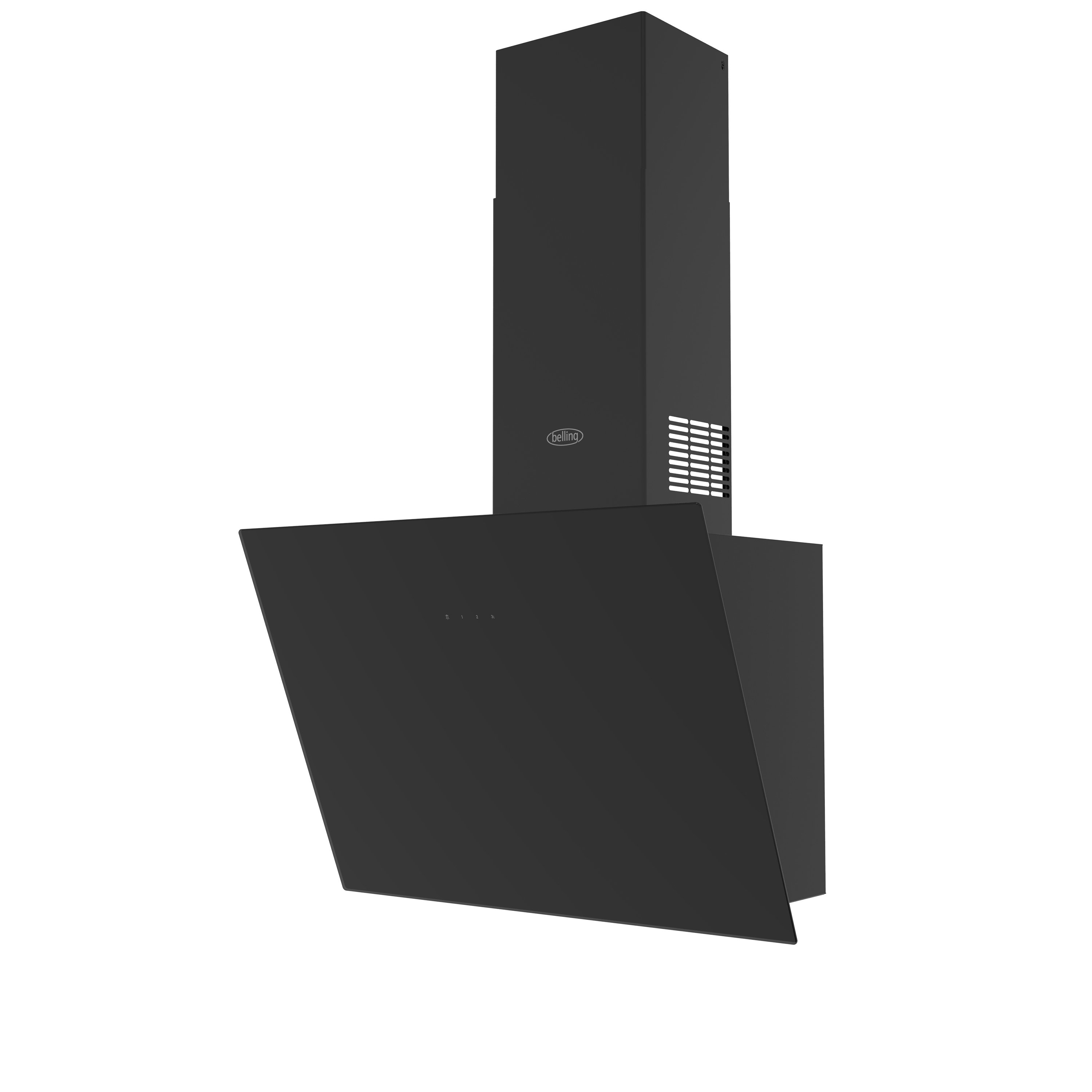 60cm Angled black glass hood with 3 fan speeds, boost mode, 2 LED lights, 2 washable grease filters and extendble chimney section