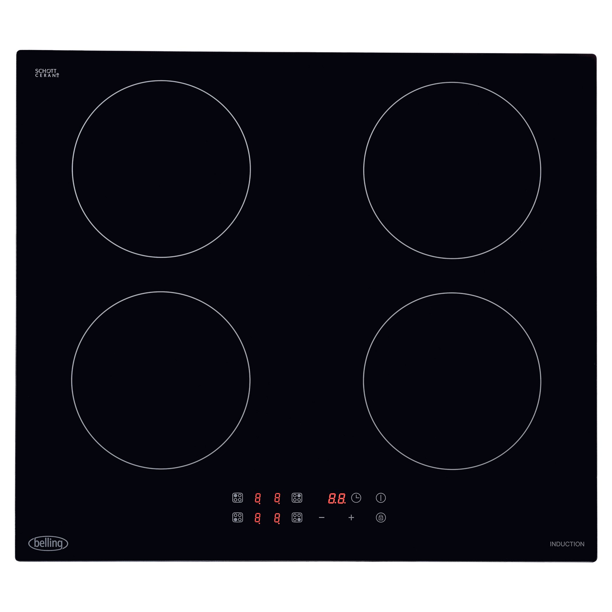 13amp 60cm touch control induction hob with nine power levels and hob timer. Additional features include residual heat indicator and child lock.