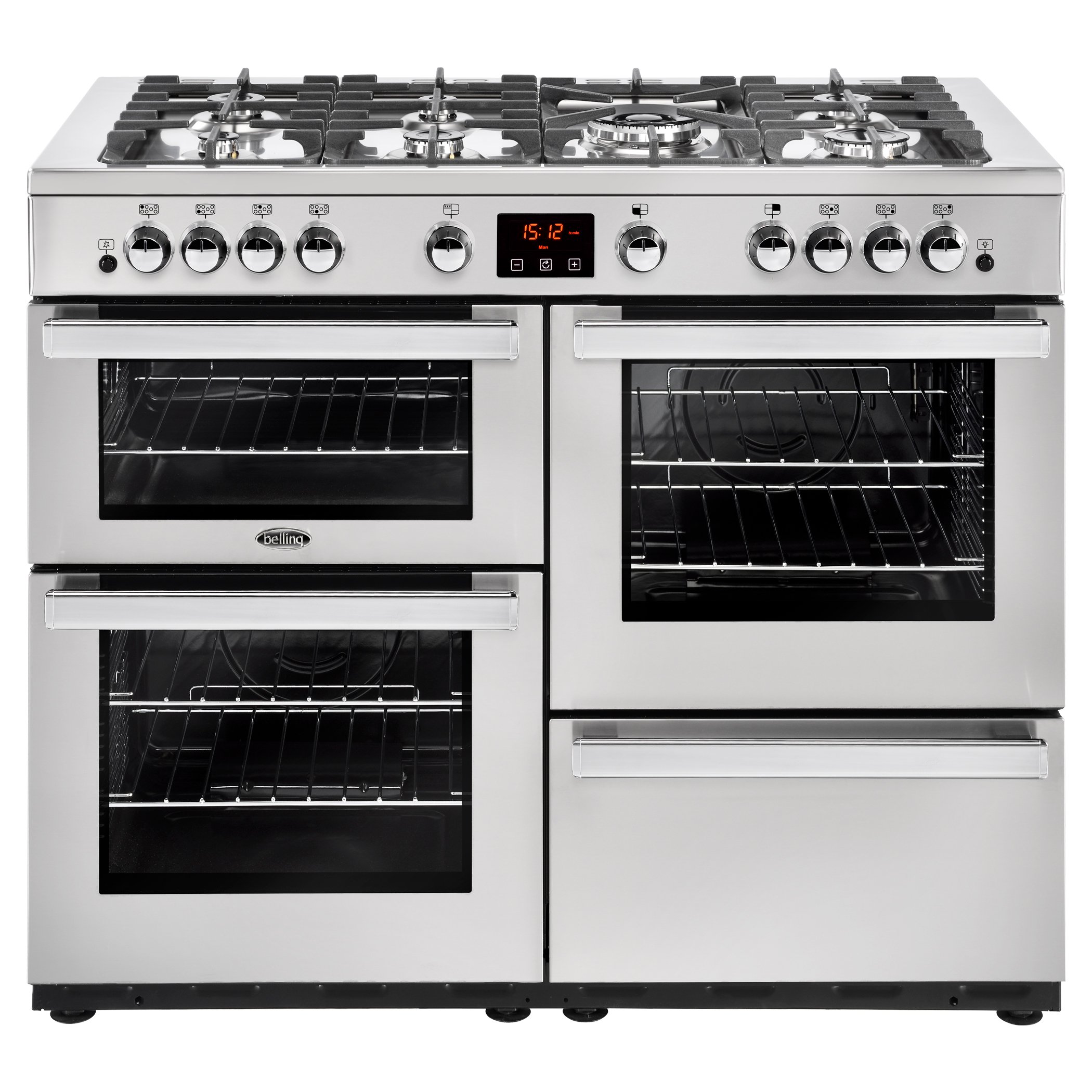 110cm gas range cooker with 7 burner gas hob with 4kW PowerWok burner, Maxi-Clock and easy clean enamel.