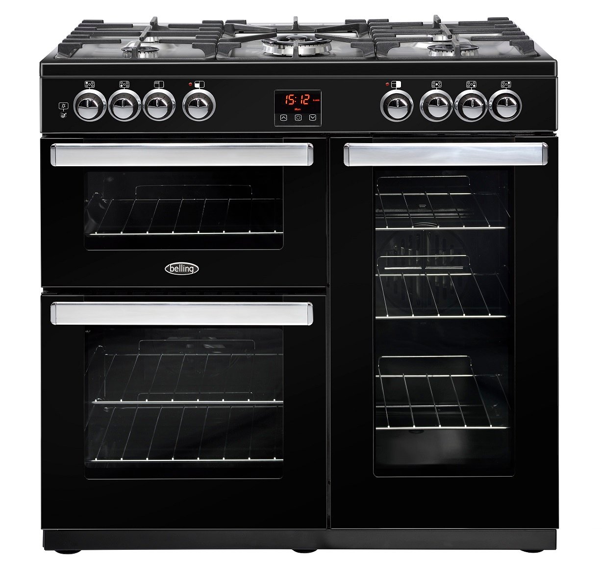 90cm dual fuel range cooker with 4kW PowerWok, Maxi-Clock, market leading tall oven and easy clean enamel.