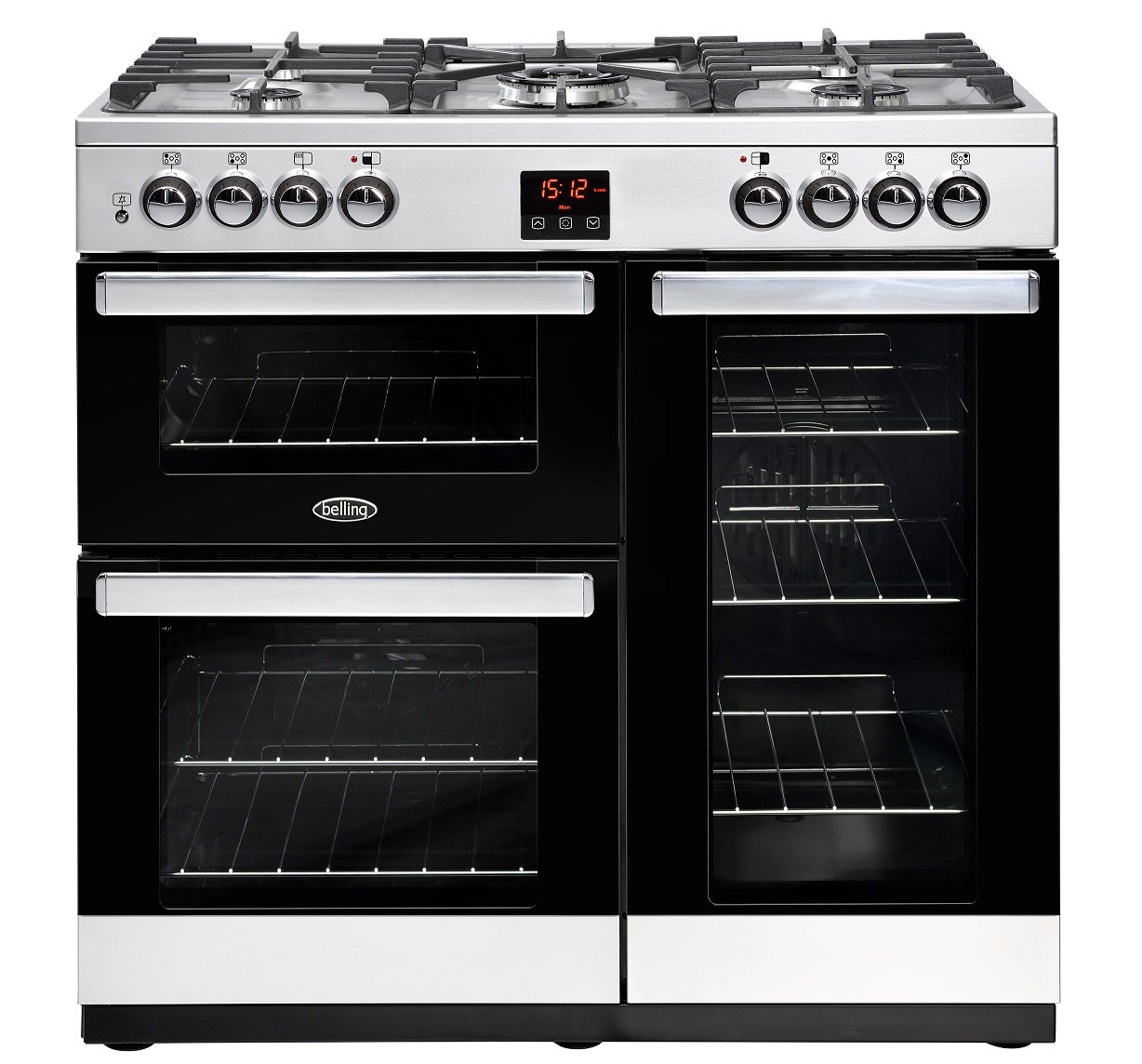 90cm dual fuel range cooker with 4kW PowerWok, Maxi-Clock, market leading tall oven and easy clean enamel.
