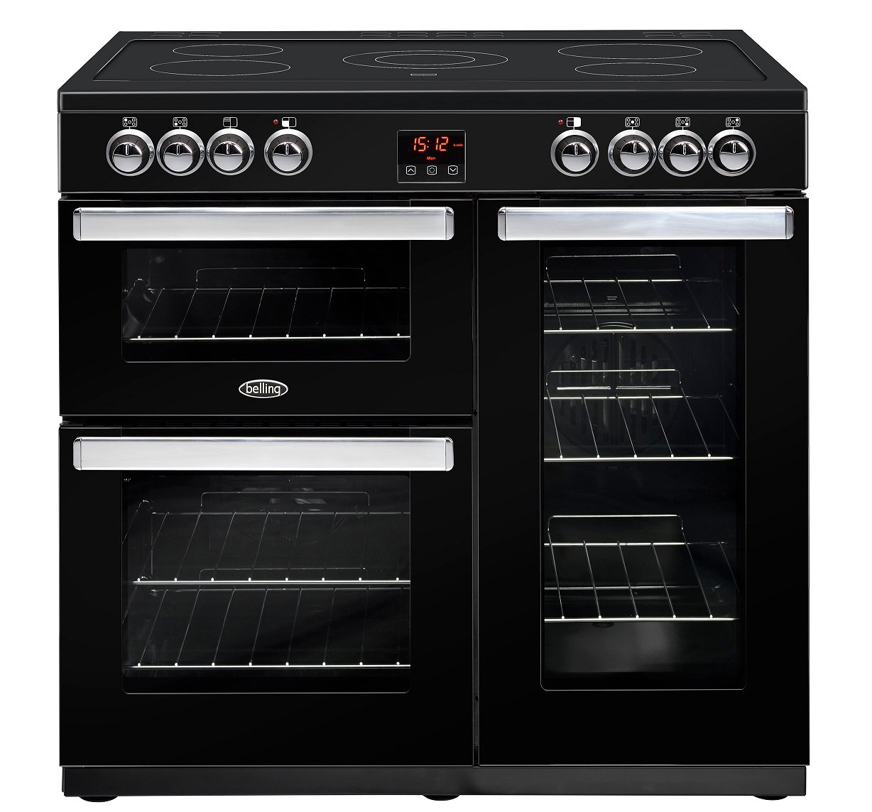 90cm electric range cooker with 5 zone ceramic hotplate, Maxi-Clock, market leading tall oven and easy clean enamel.