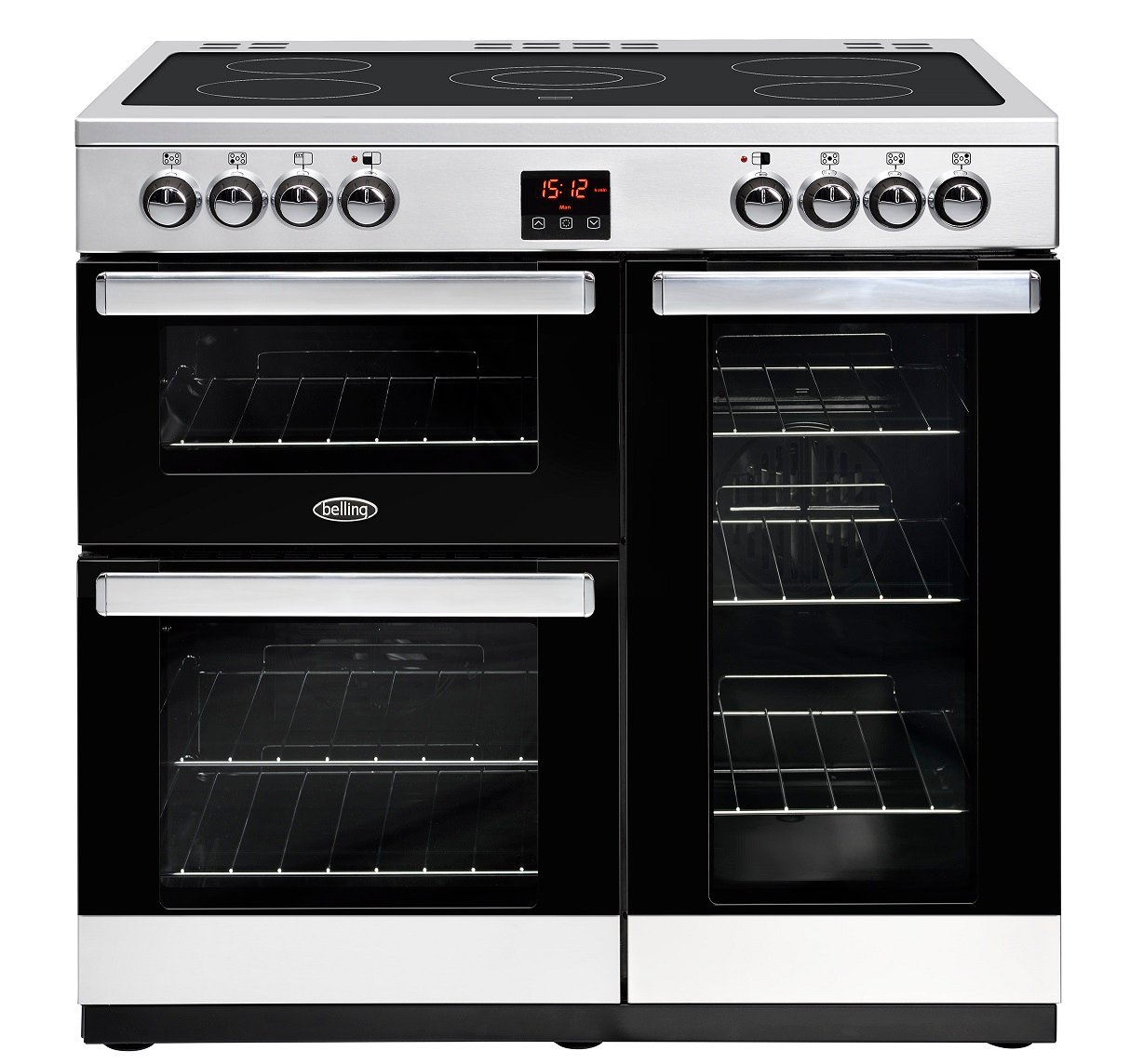 90cm electric range cooker with 5 zone ceramic hotplate, Maxi-Clock, market leading tall oven and easy clean enamel.