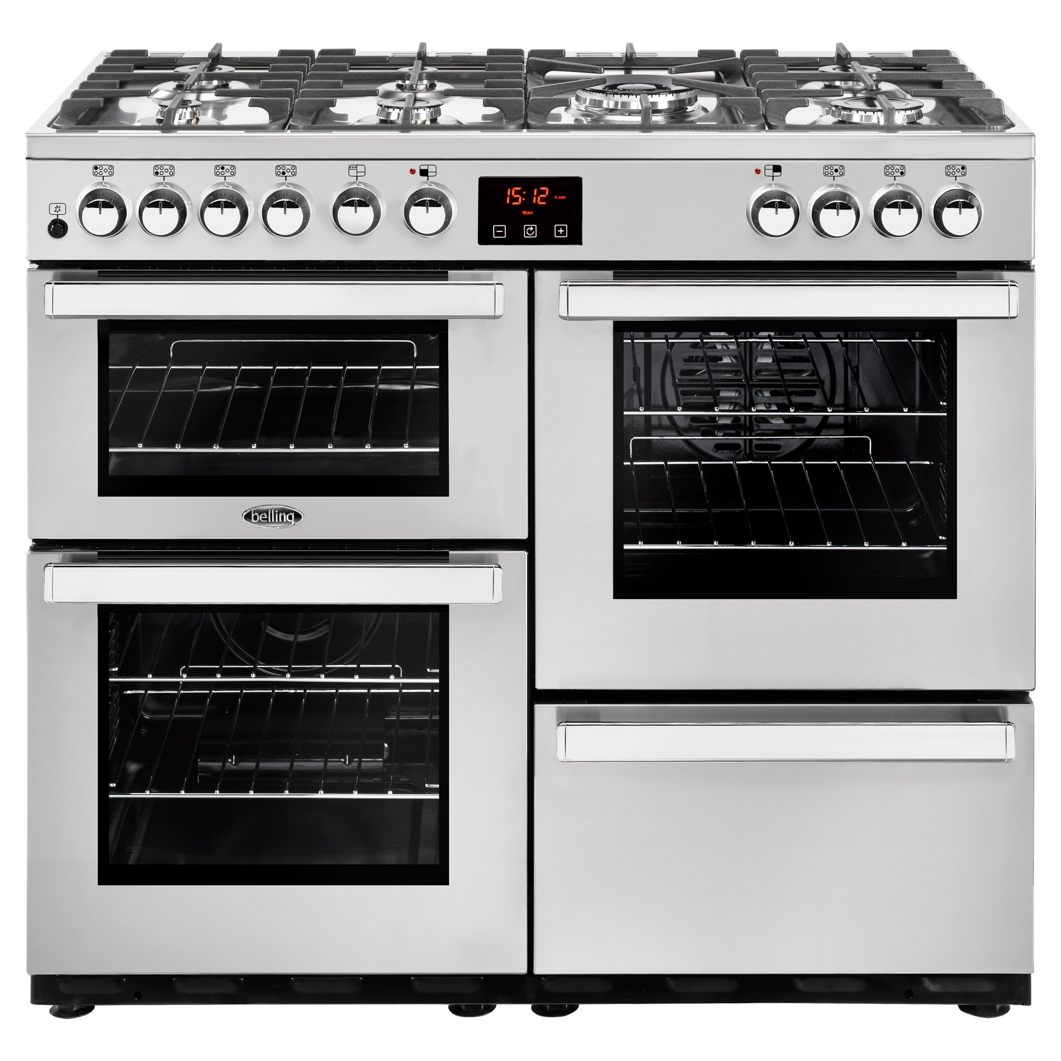 100cm dual fuel range cooker with 7 burner gas hob, 4kW PowerWok, Cast Iron Pansure Supports, Maxi-Clock and easy clean enamel.