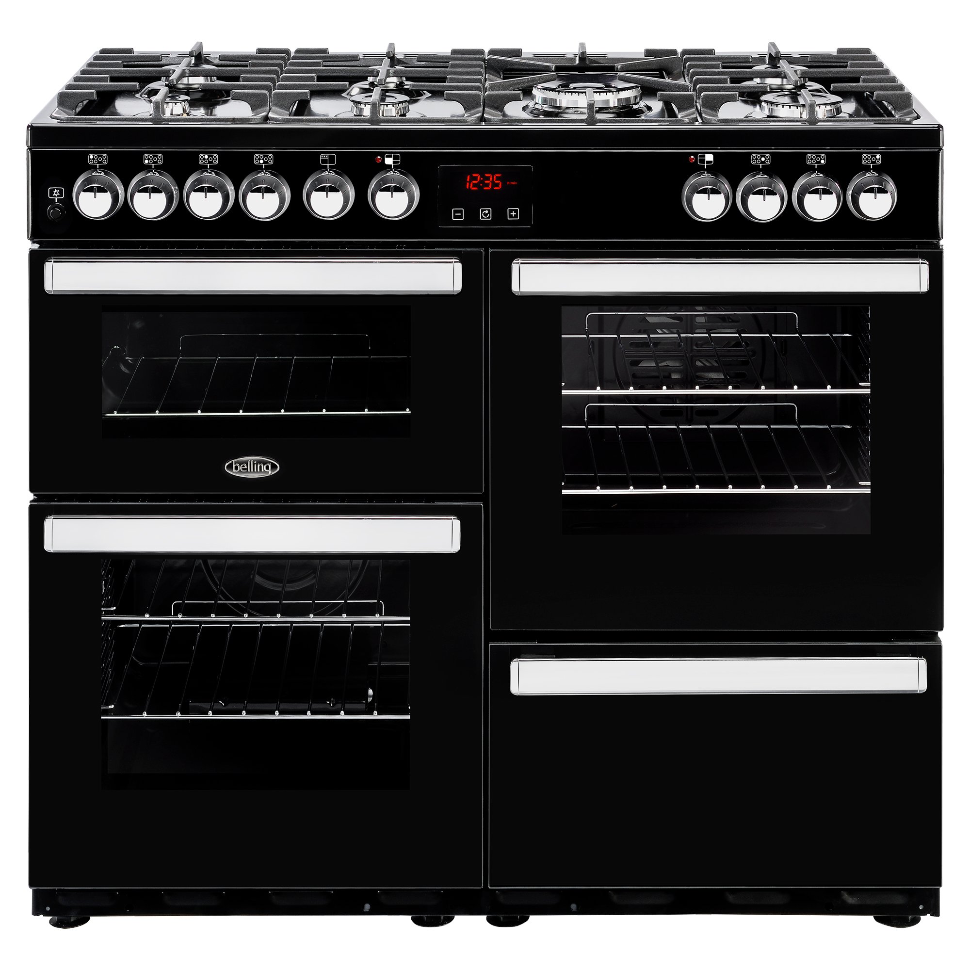 100cm dual fuel range cooker with 7 burner gas hob, 4kW PowerWok, Cast Iron Pansure Supports, Maxi-Clock and easy clean enamel.