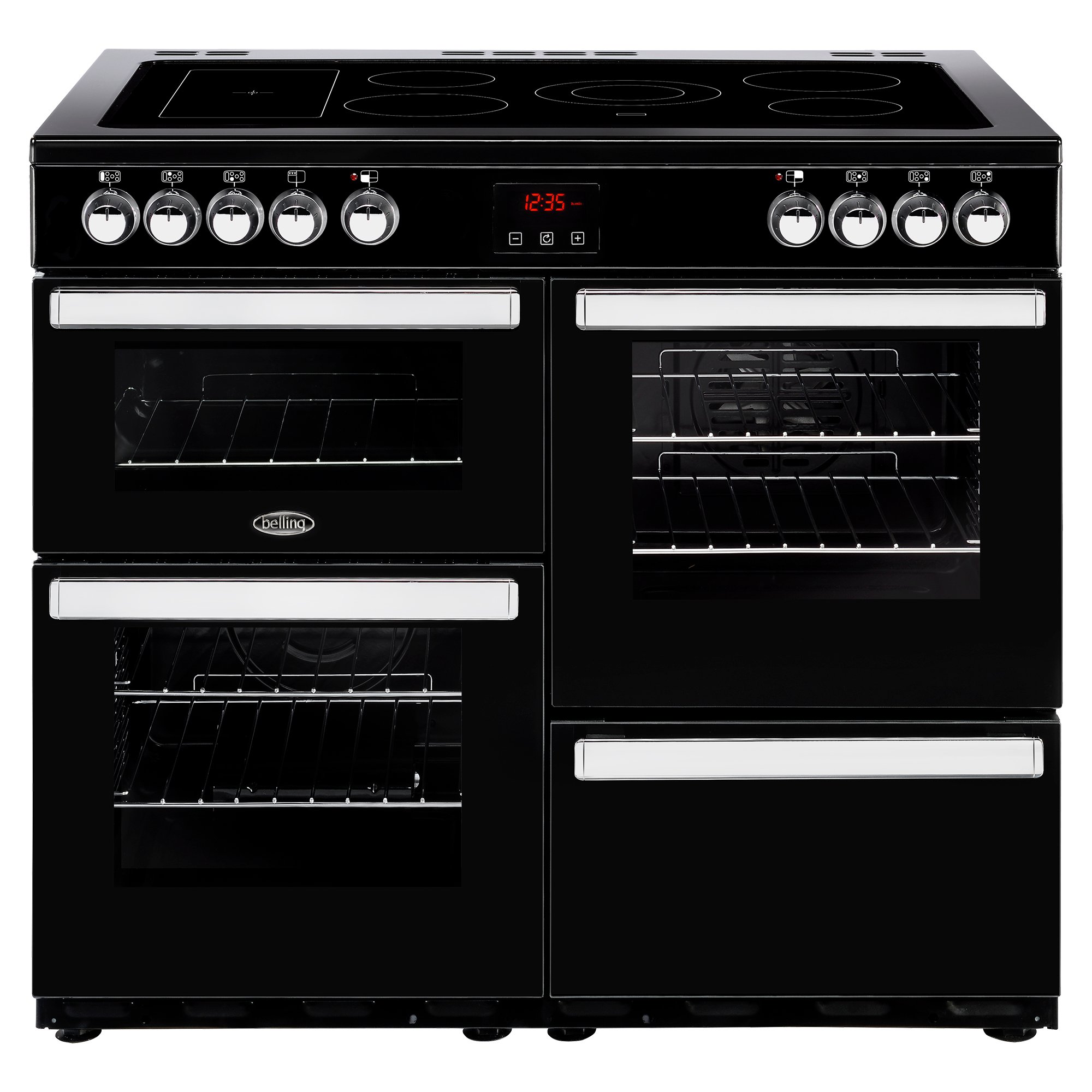 100cm electric range cooker with 5 zone ceramic hotplate plus warming zone, Maxi-Clock and easy clean enamel.