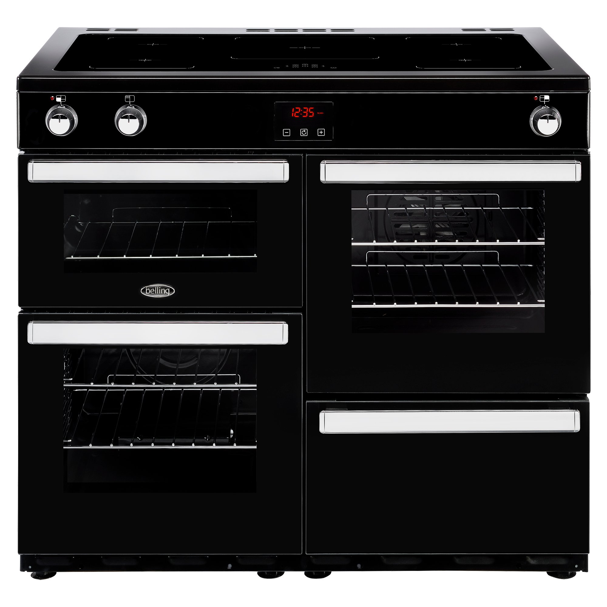 100cm electric range cooker with induction hotplate and smart Link+ technology, Maxi-Clock and easy clean enamel. Requires 32A connection.