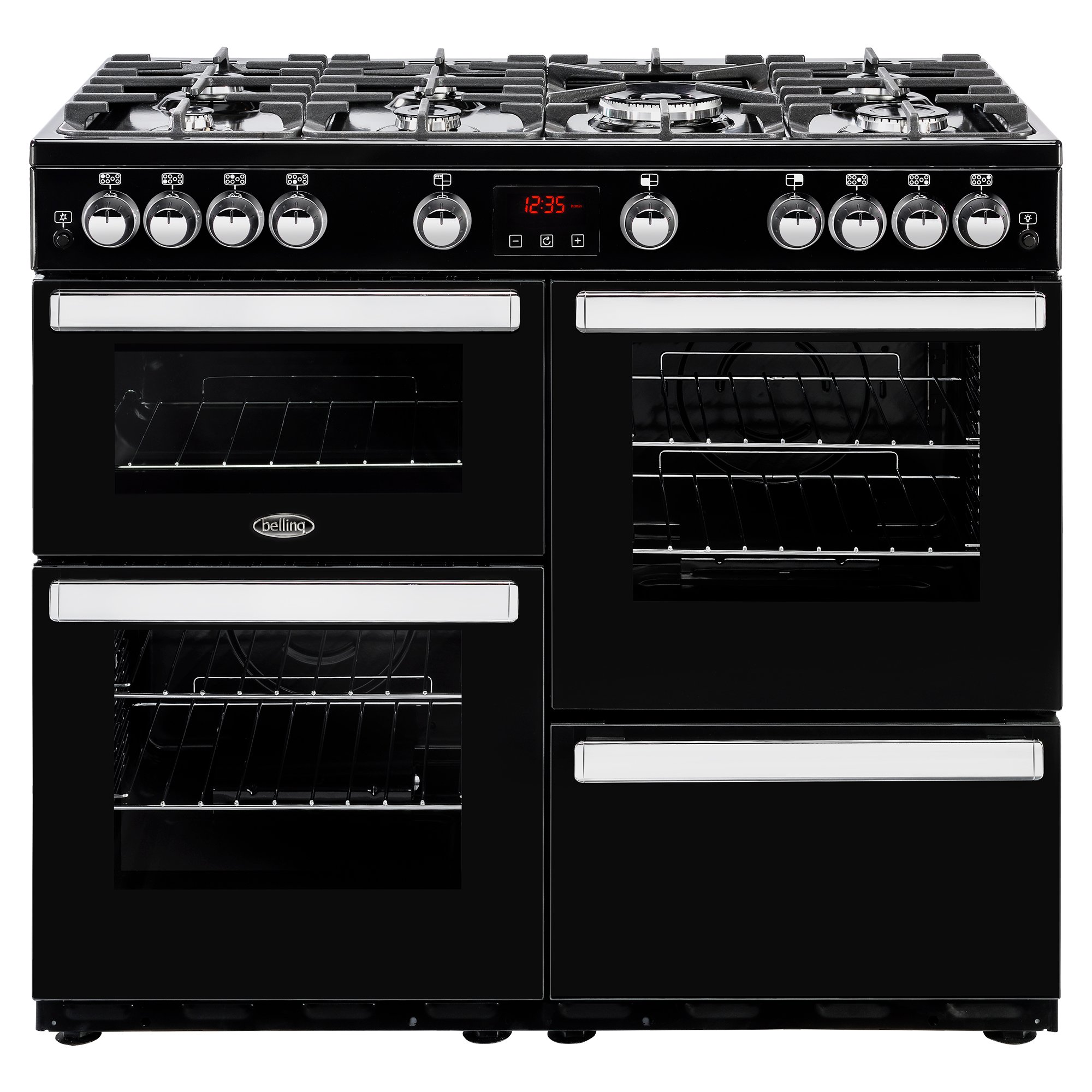 100cm gas range cooker with 7 burner gas hob with 4kW PowerWok burner, Maxi-Clock and easy clean enamel.