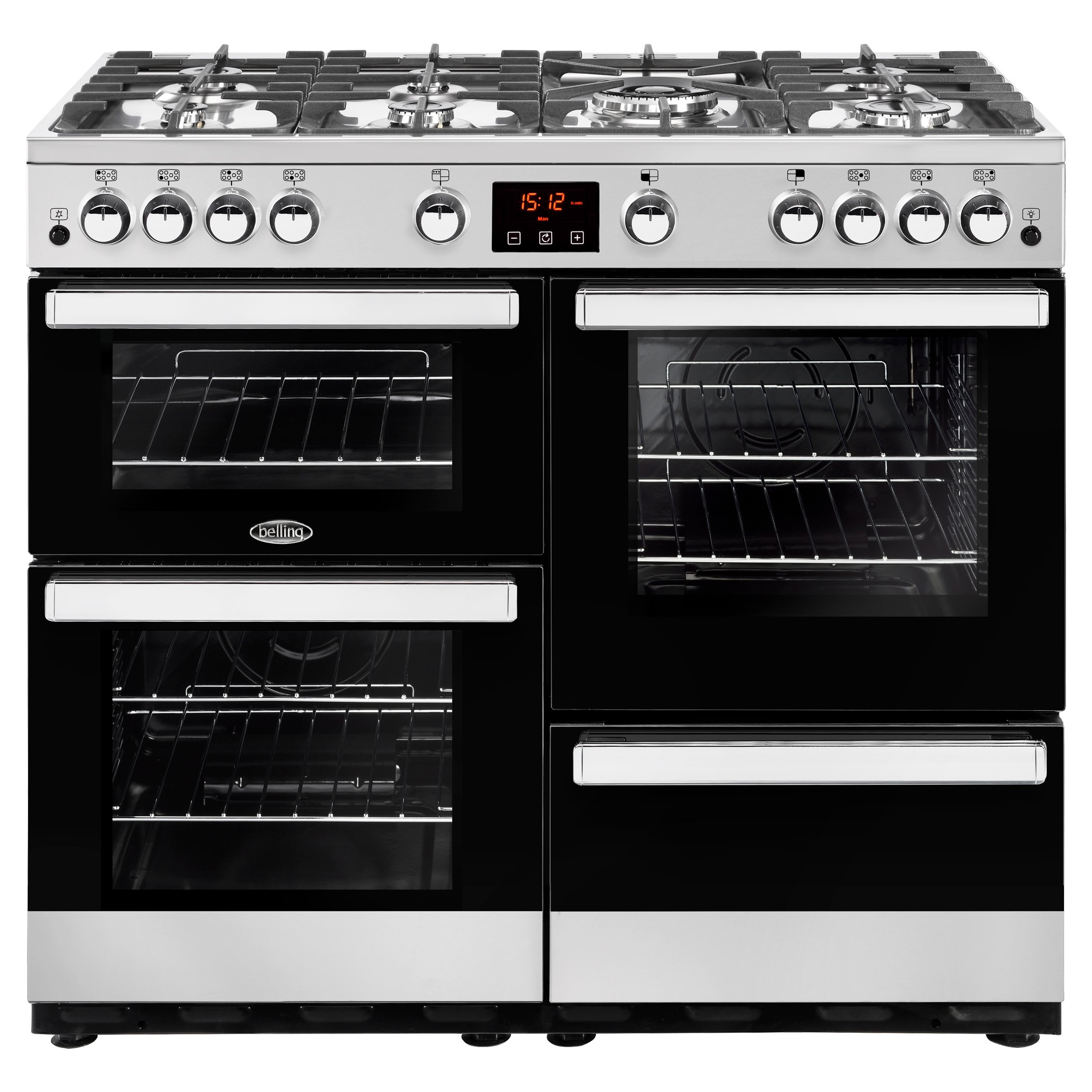 100cm gas range cooker with 7 burner gas hob with 4kW PowerWok burner, Maxi-Clock and easy clean enamel.