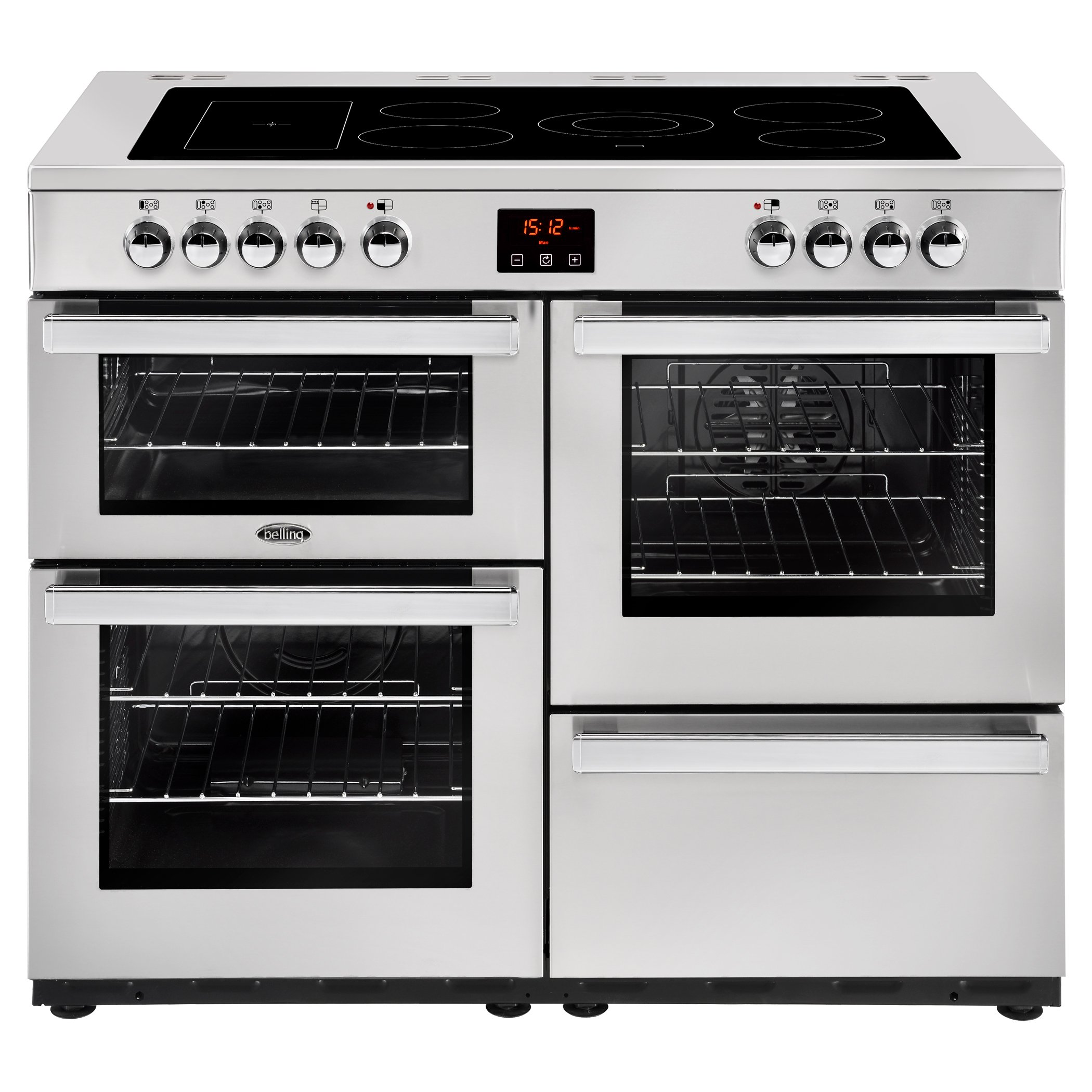 110cm electric range cooker with 5 zone ceramic hotplate plus warming zone, Maxi-Clock and easy clean enamel.