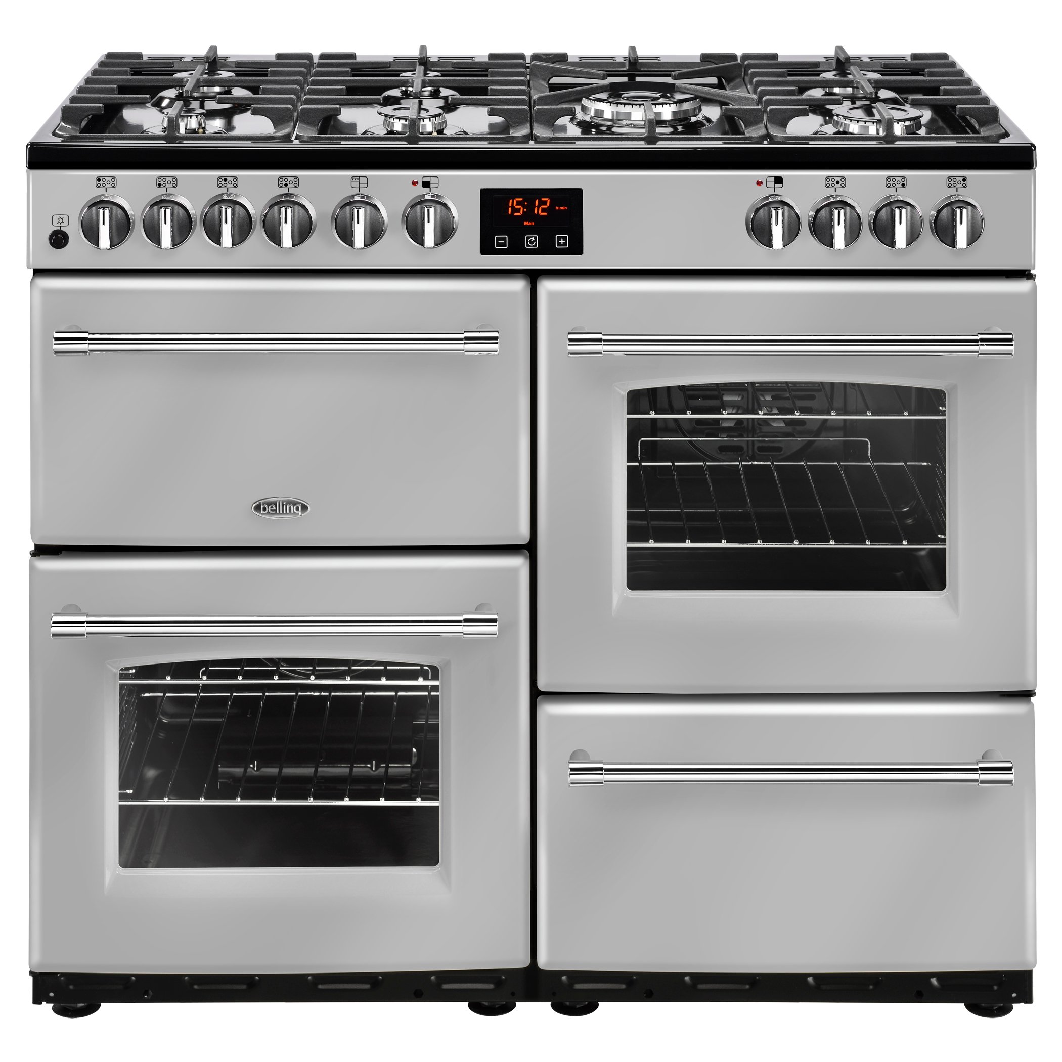 100cm dual fuel range cooker with 7 burner gas hob, 4kW PowerWok, Maxi-Clock, variable electric grill and easy clean enamel.
