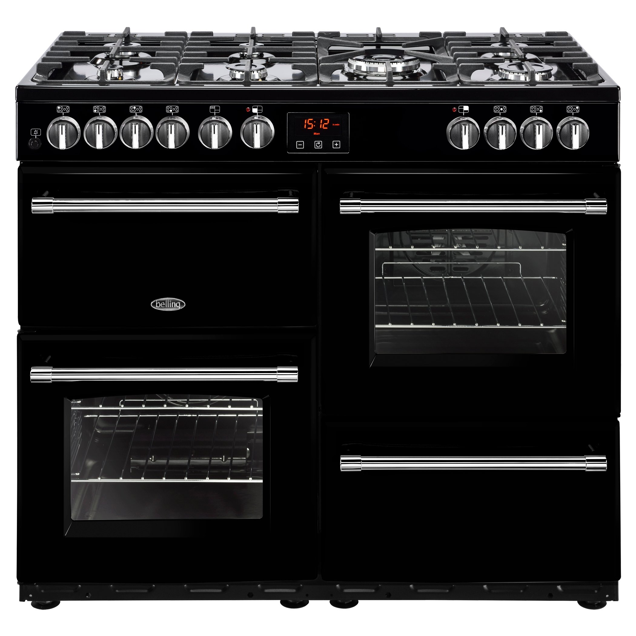 100cm dual fuel range cooker with 7 burner gas hob, 4kW PowerWok, Maxi-Clock, variable electric grill and easy clean enamel.