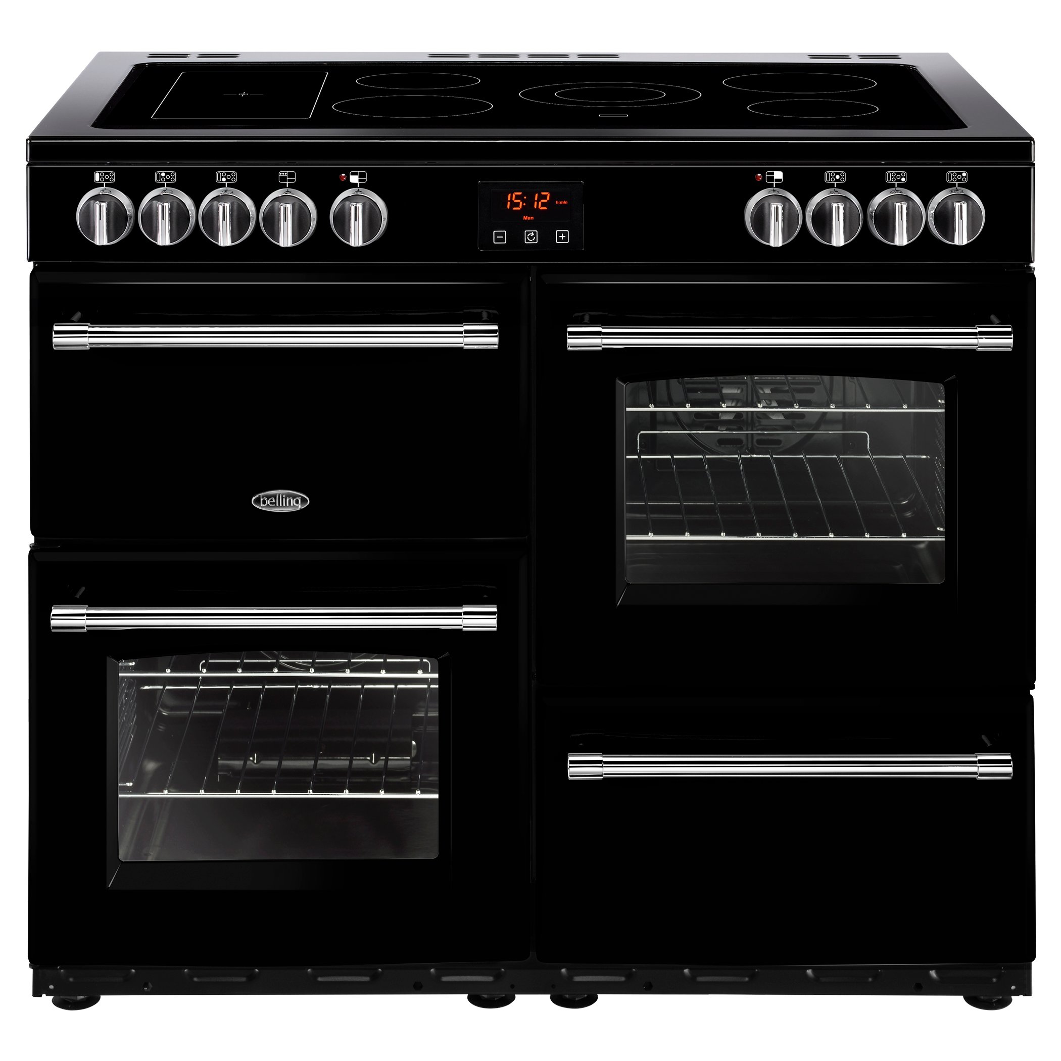 100cm electric range cooker with 5 zone ceramic hob plus warming zone, Maxi-Clock and easy clean enamel.