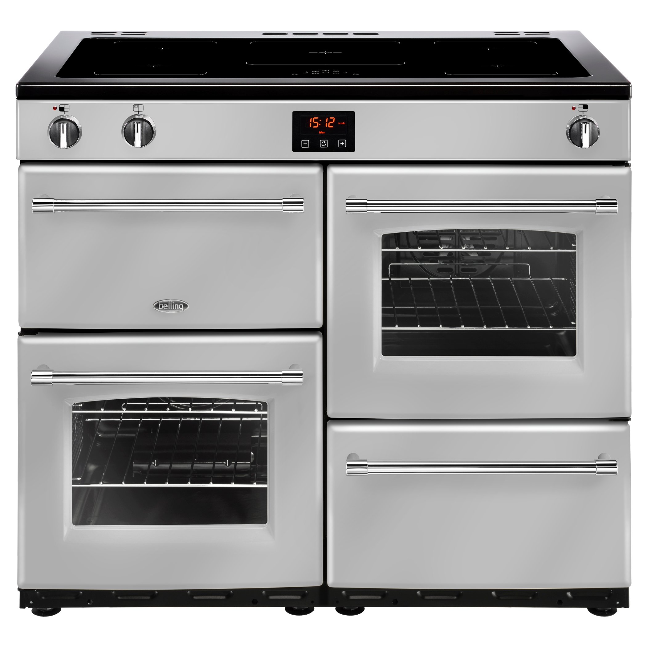 100cm electric range cooker with induction hotplate and smart Link+ technology, Maxi-Clock and easy clean enamel. Requires 32A connection.