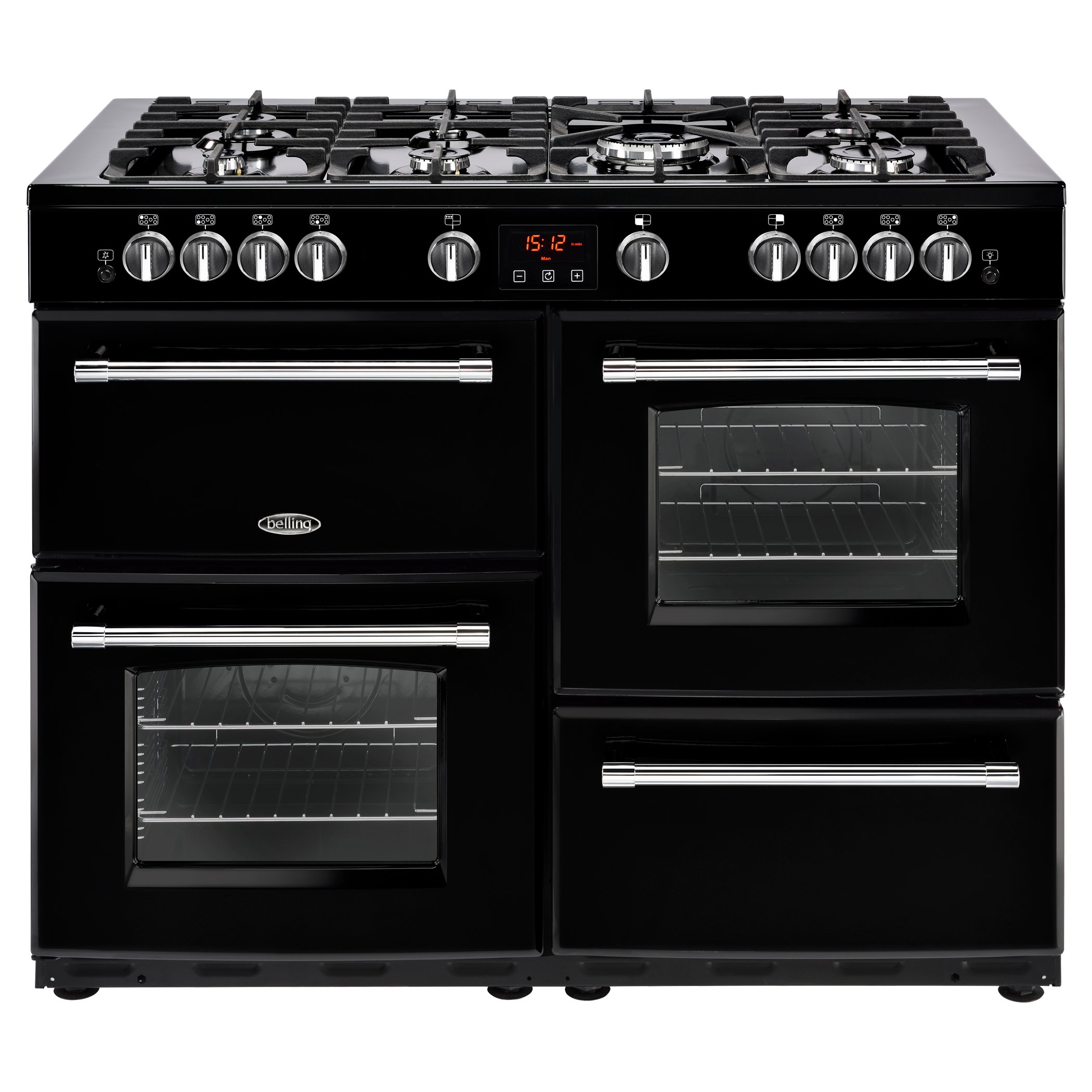 110cm gas range cooker with 7 burner gas hob with 4kW PowerWok burner, Maxi-Clock and easy clean enamel.