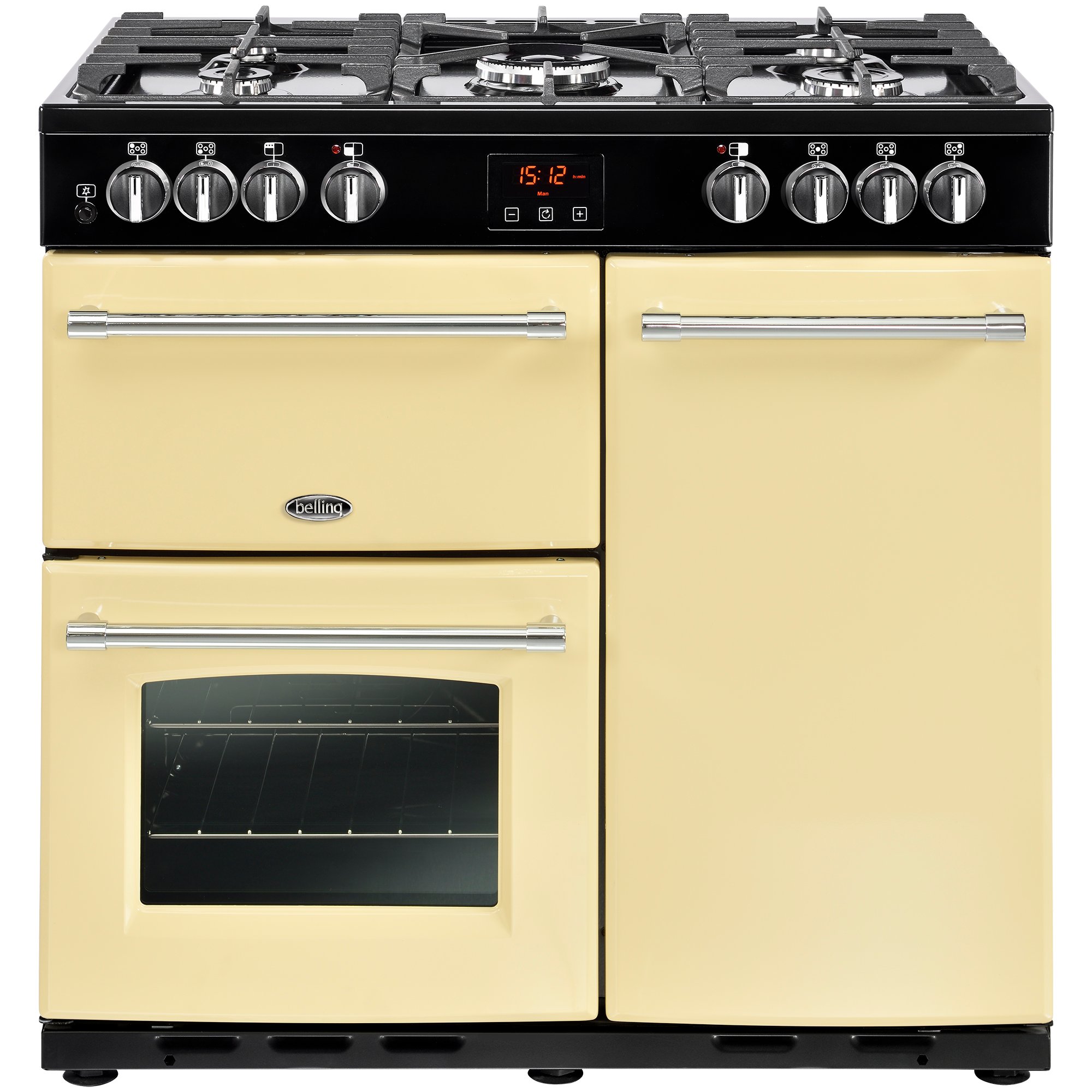 90cm dual fuel range cooker with 4kW PowerWok, Maxi-Clock, 91 litre market leading tall oven and easy clean enamel.