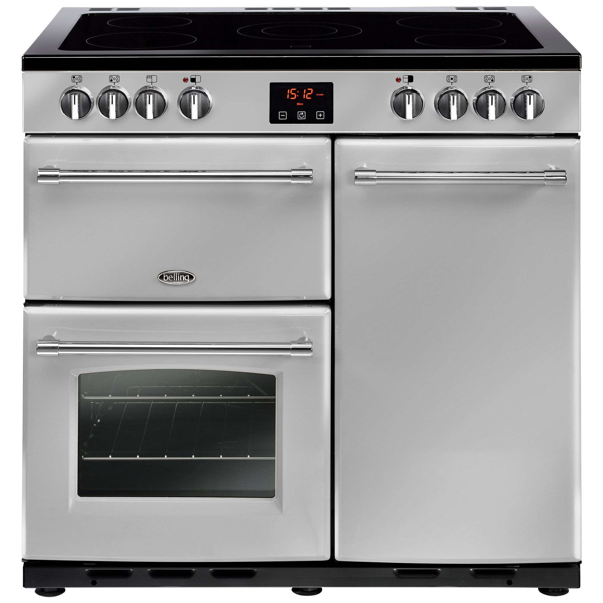 90cm electric range cooker with 5 zone ceramic hob, Maxi-Clock, market leading tall oven and easy clean enamel.