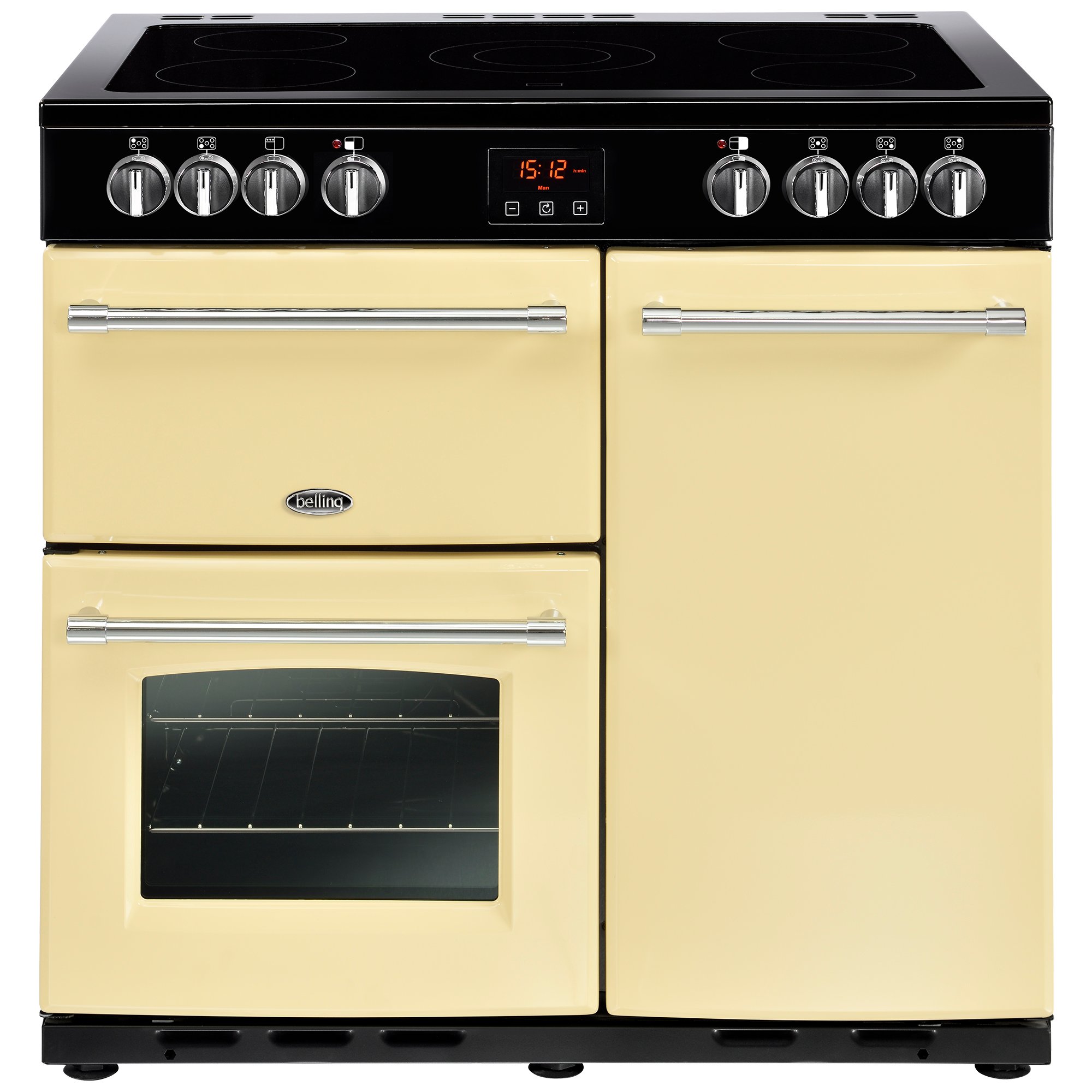 90cm electric range cooker with 5 zone ceramic hob, Maxi-Clock, market leading tall oven and easy clean enamel.