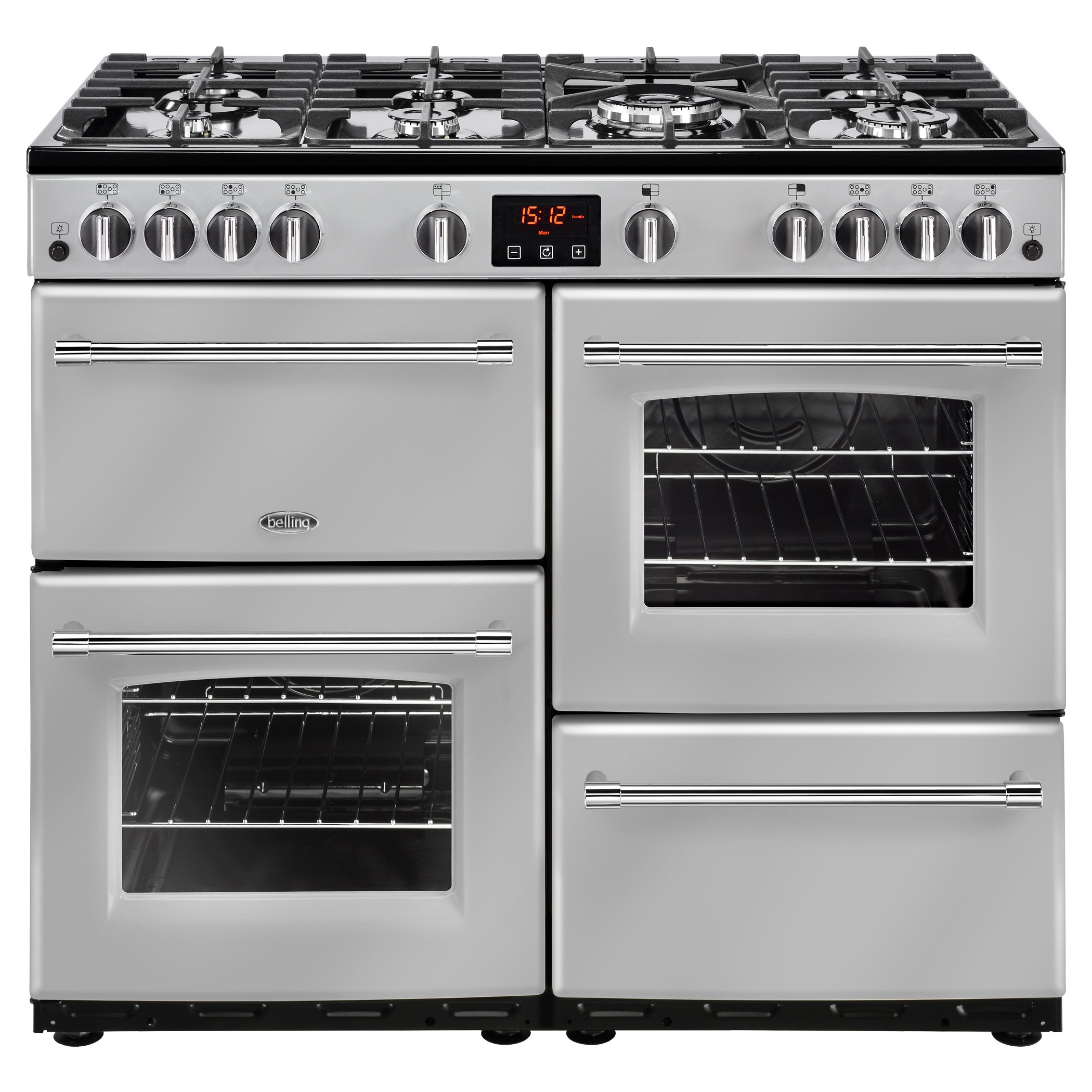 100cm gas range cooker with 7 burner gas hob with 4kW PowerWok™ burner, Maxi-Clock and easy clean enamel.