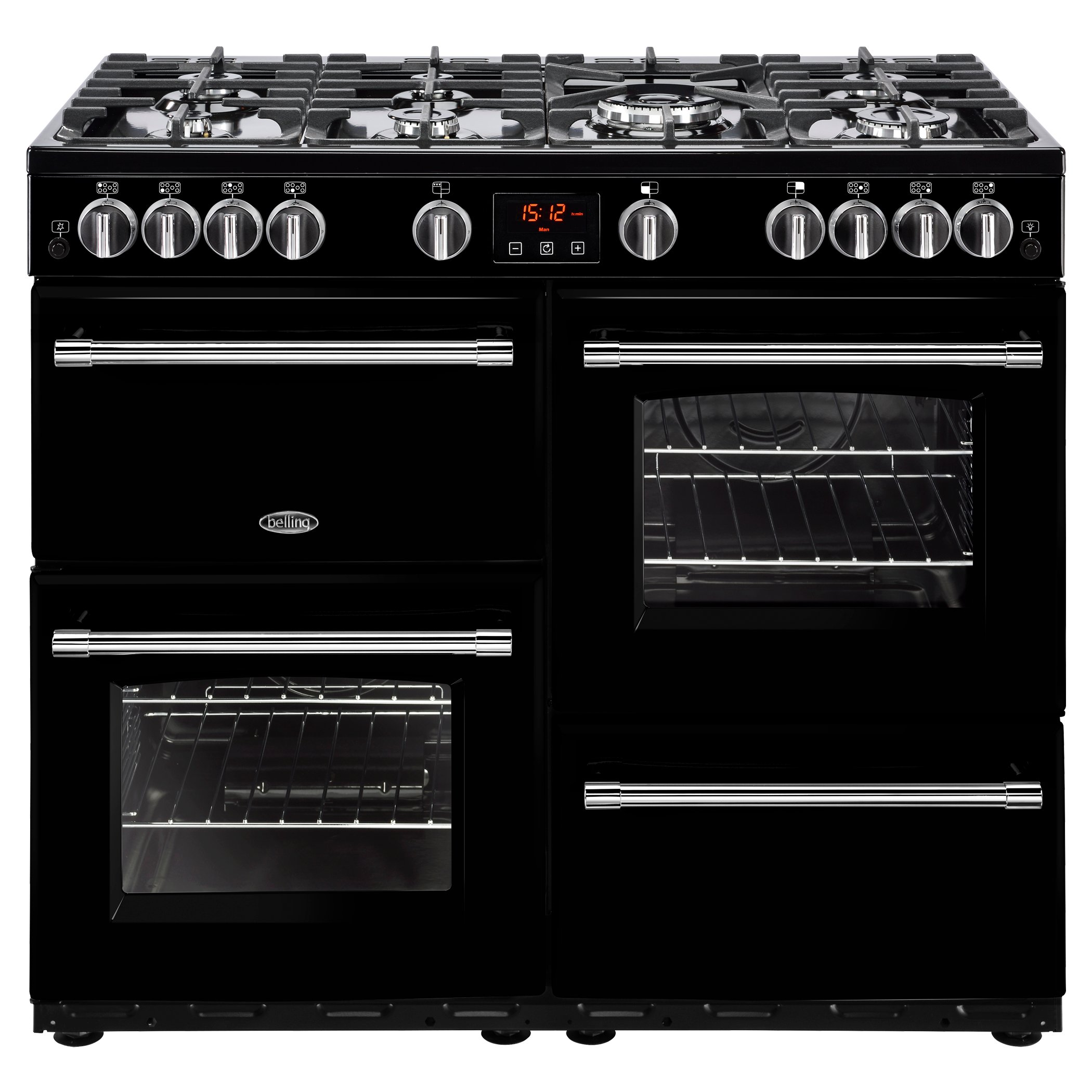 100cm gas range cooker with 7 burner gas hob with 4kW PowerWok™ burner, Maxi-Clock and easy clean enamel.