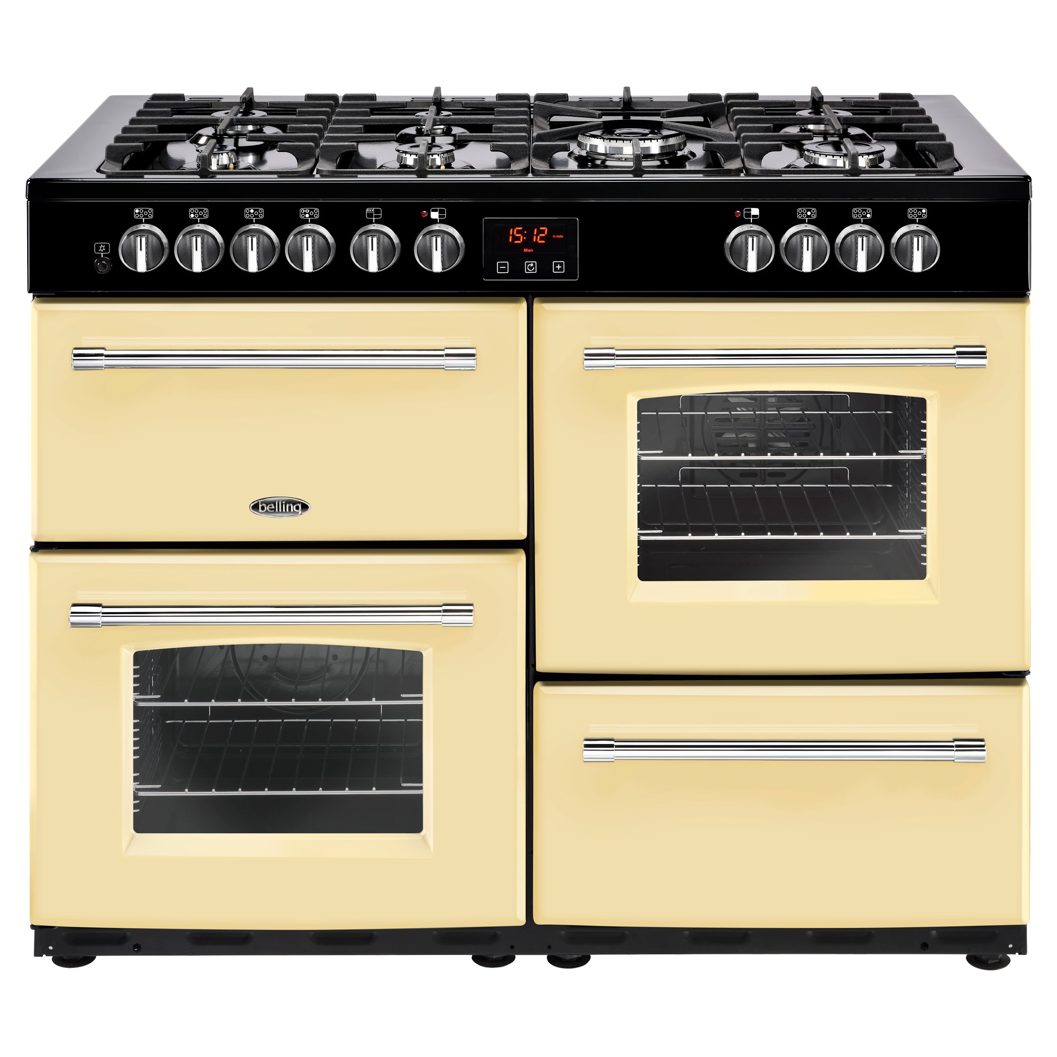 110cm dual fuel range cooker with 7 burner gas hob, 4kW PowerWok, Maxi-Clock and easy clean enamel.