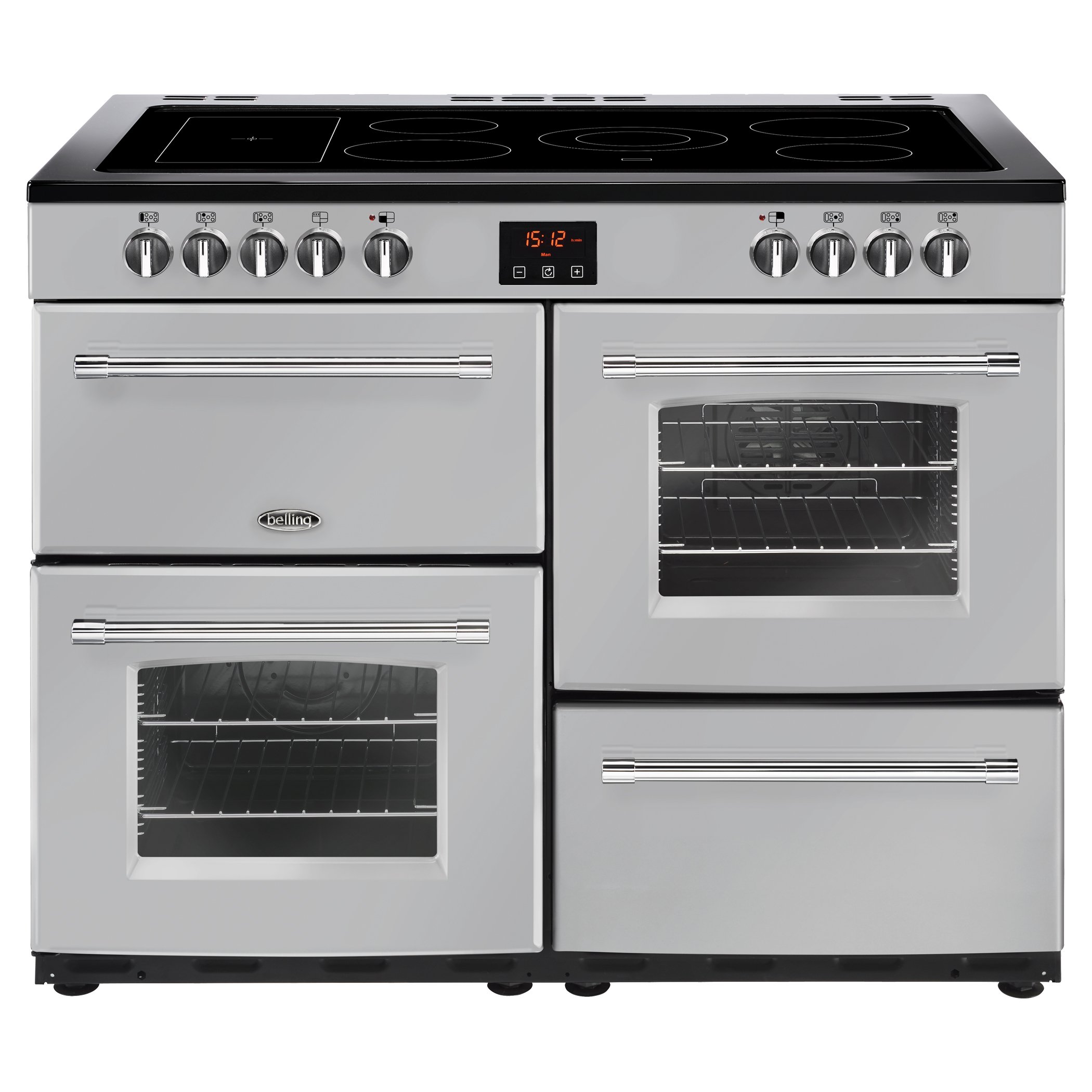 110cm electric range cooker with 5 zone ceramic hotplate plus warming zone, Maxi-Clock and easy clean enamel.