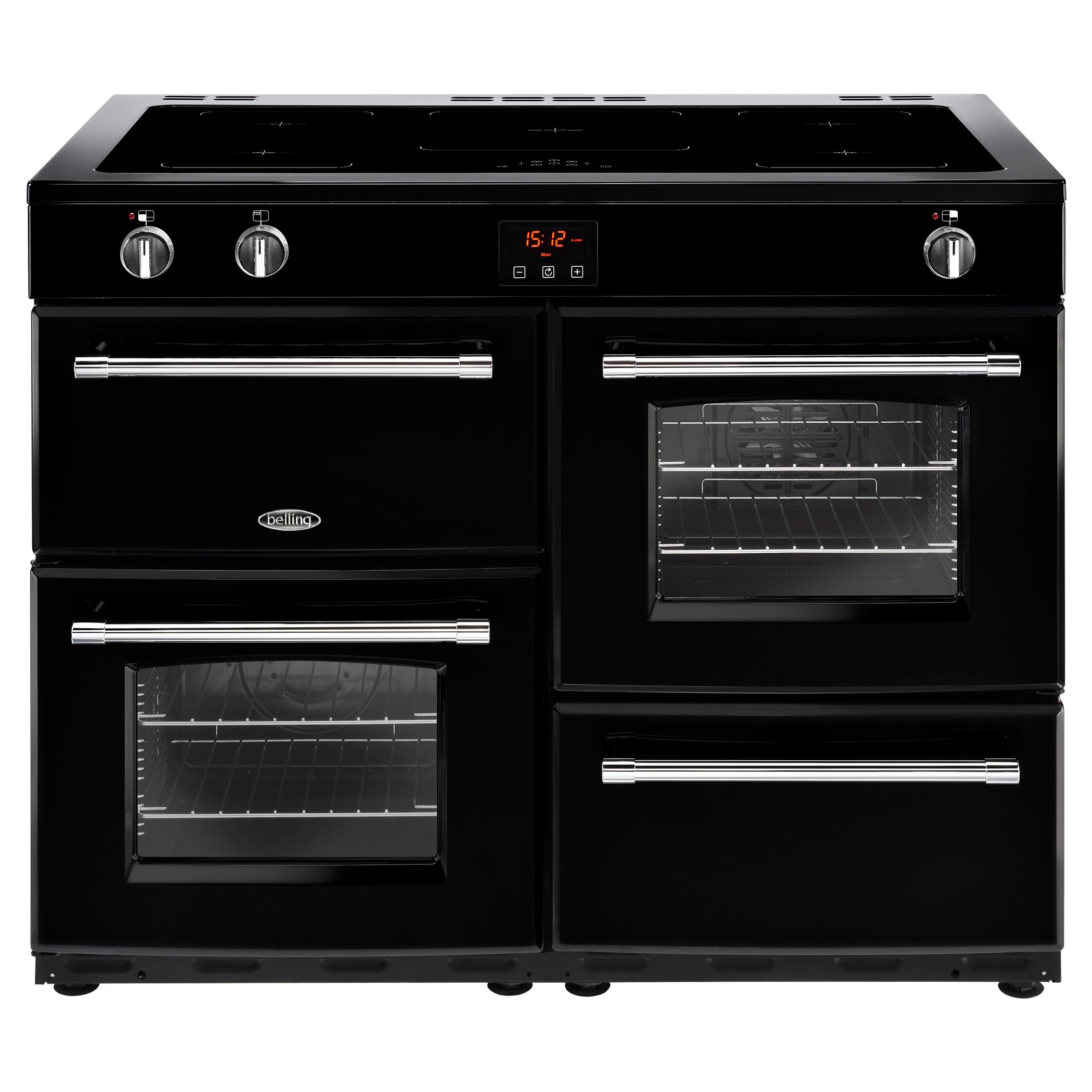 110cm electric range cooker with induction hotplate and smart Link+ technology, Maxi-Clock and easy clean enamel. Requires 32A connection.