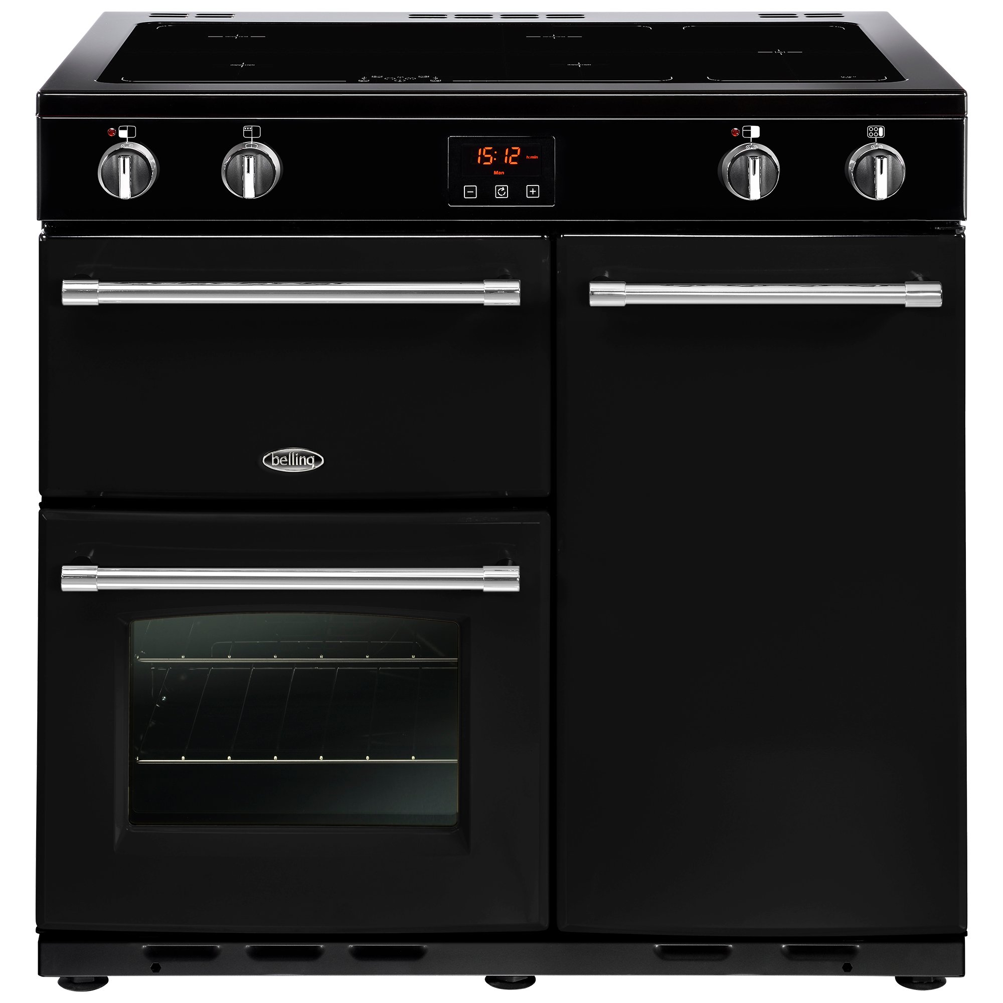 90cm electric range cooker with induction, Maxi-Clock, 91 litre market leading tall oven and easy clean enamel. Requires 32A connection.