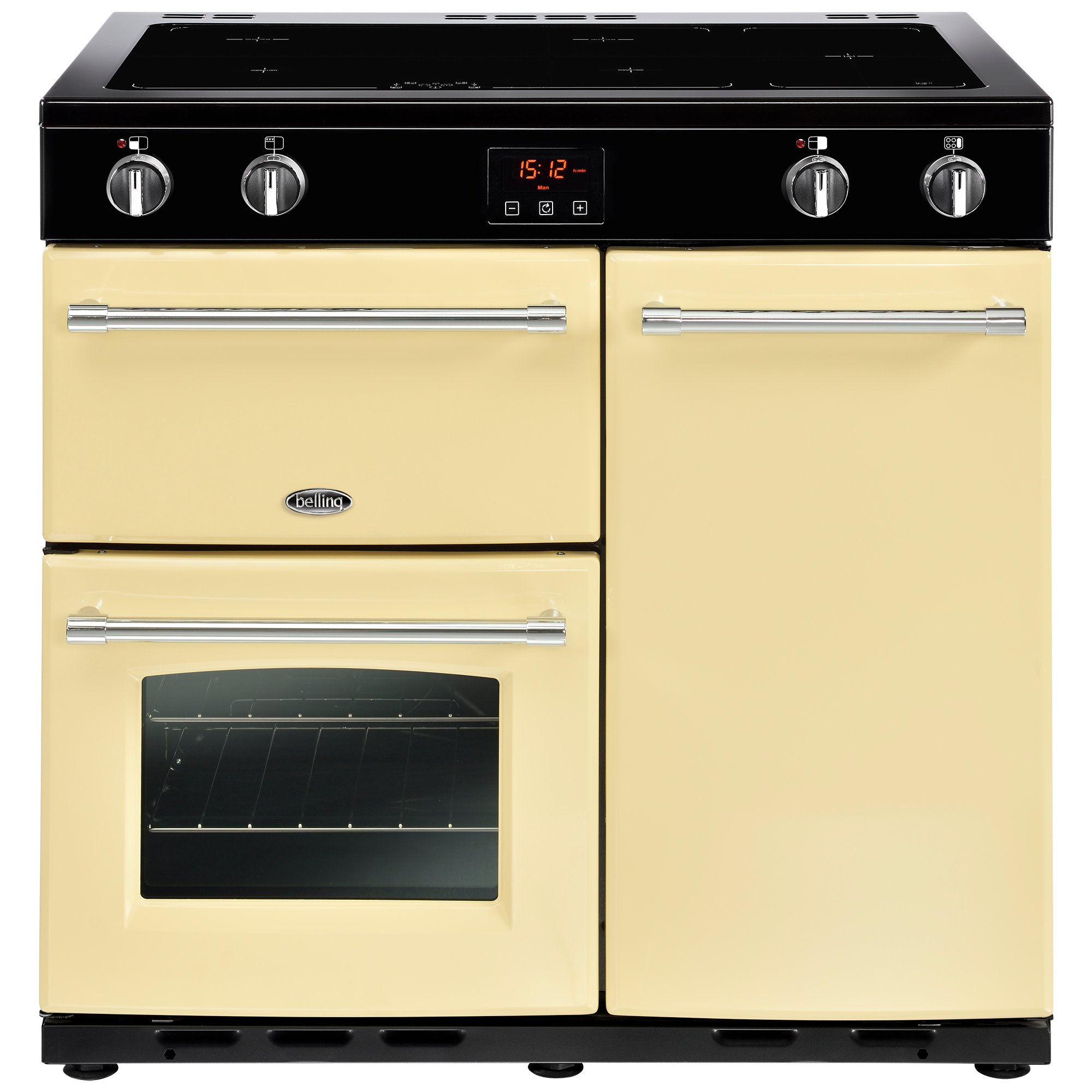 90cm electric range cooker with induction, Maxi-Clock, 91 litre market leading tall oven and easy clean enamel. Requires 32A connection.