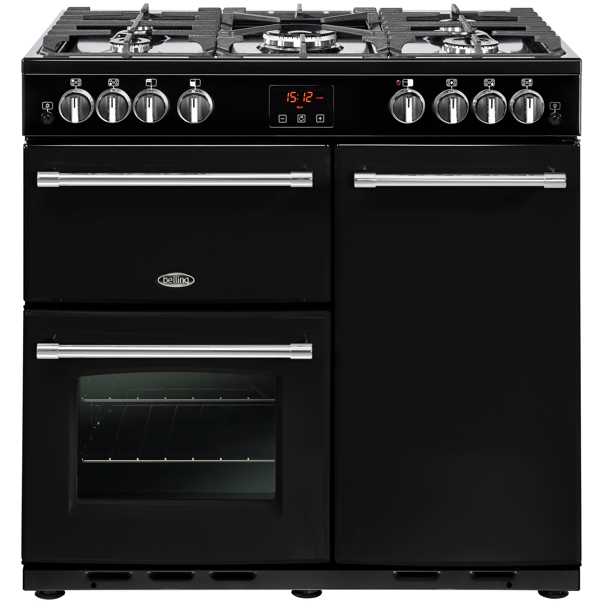 90cm gas range cooker with 4kW PowerWok burner, Maxi-Clock, market leading tall oven and easy clean enamel.