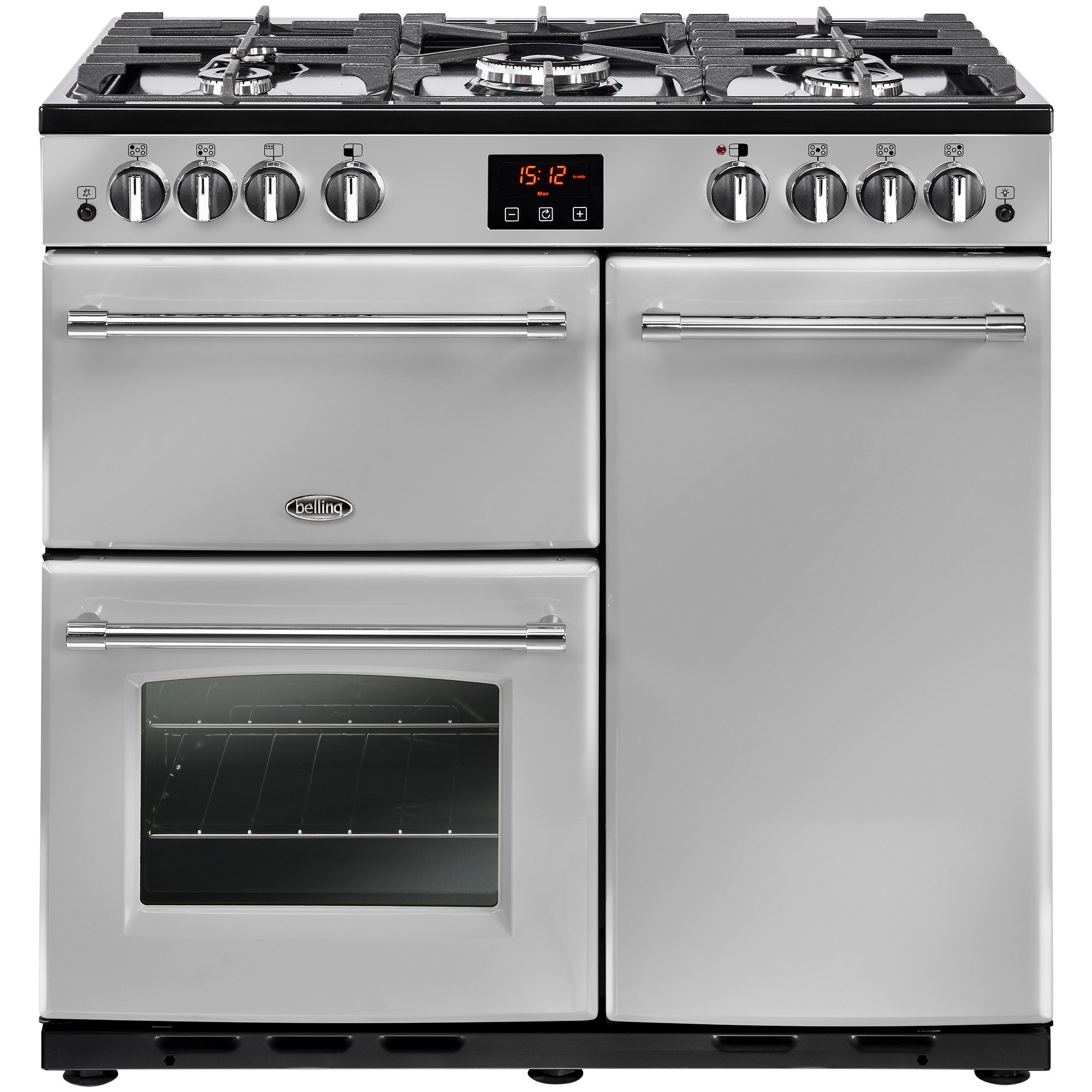 90cm gas range cooker with 4kW PowerWok burner, Maxi-Clock, market leading tall oven and easy clean enamel
