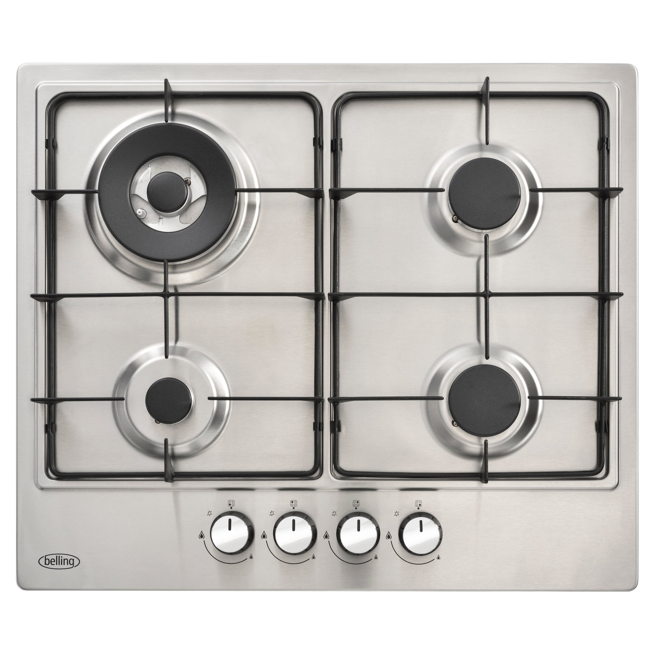 60cm stainless steel gas hob with powerful 3.6kW wok burner and cast enamel pan supports. Additional features include auto ignition and a flame safety device.