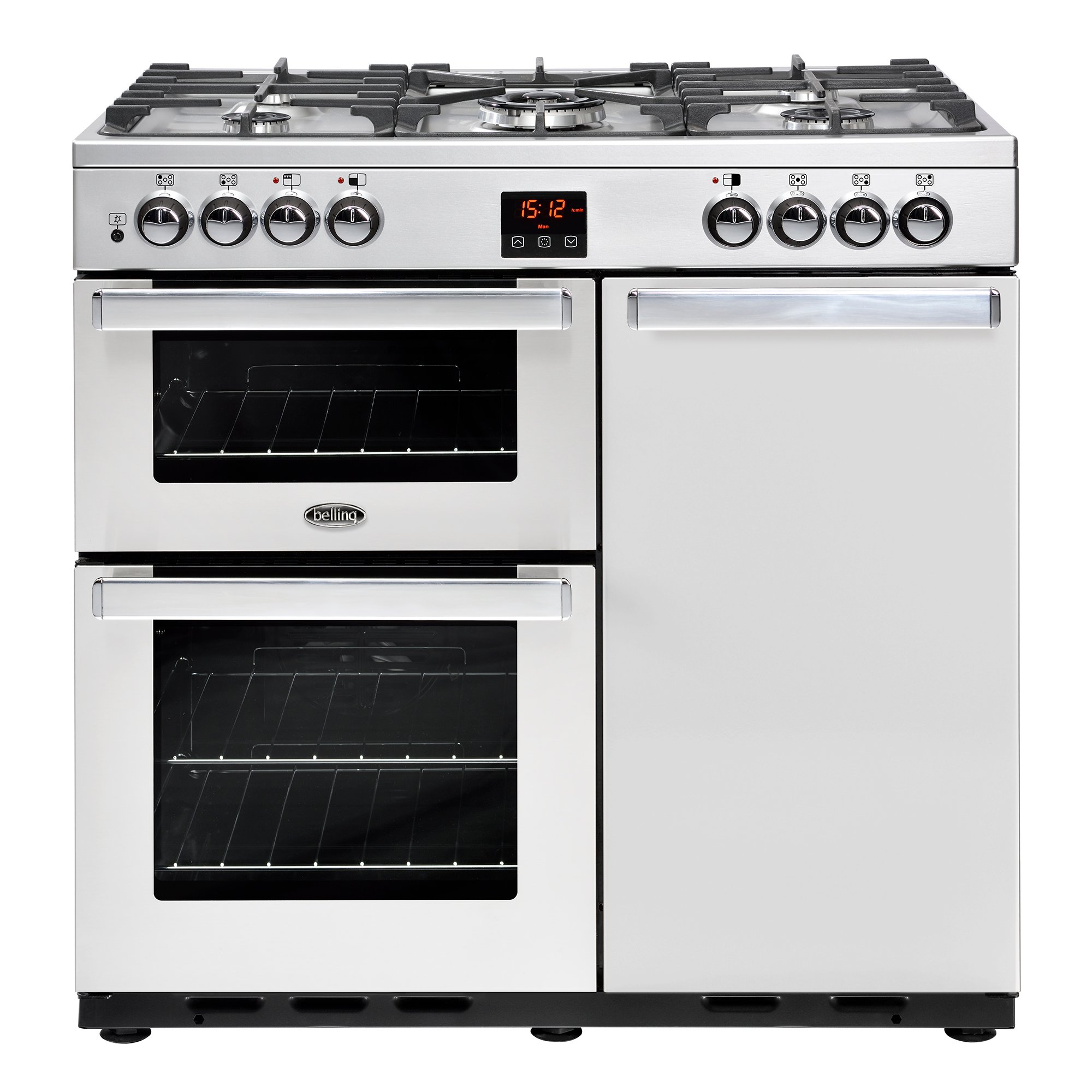 90cm dual fuel range cooker with 5 burner gas hob, conventional oven & grill, main fanned electric oven and tall fanned electric oven.