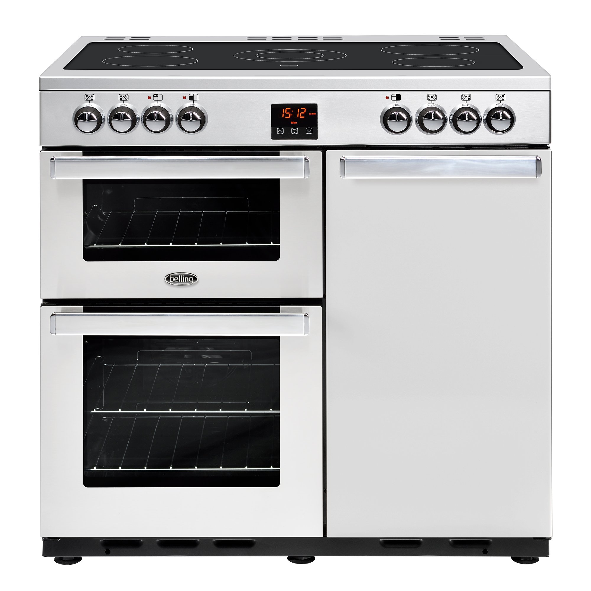 90cm electric range cooker with 5 zone ceramic hob, conventional oven & grill, main fanned electric oven and tall fanned electric oven.
