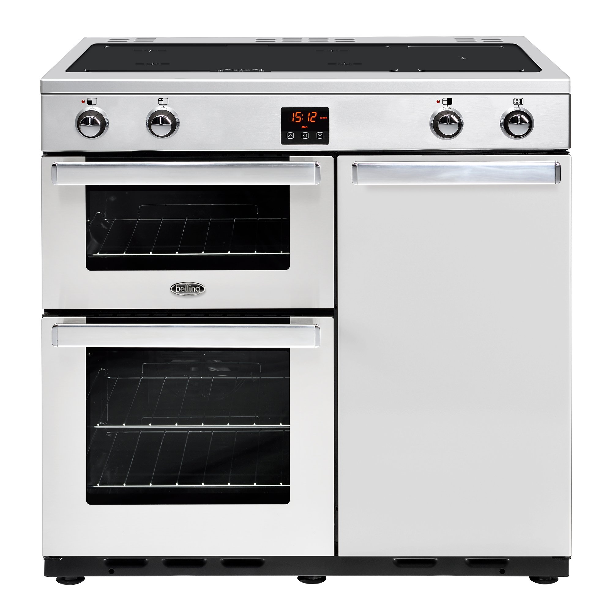90cm electric range cooker with 4 zone induction hob and additional warming zone, conventional oven & grill, main fanned electric oven and tall fanned electric oven. Requires 32A connection.