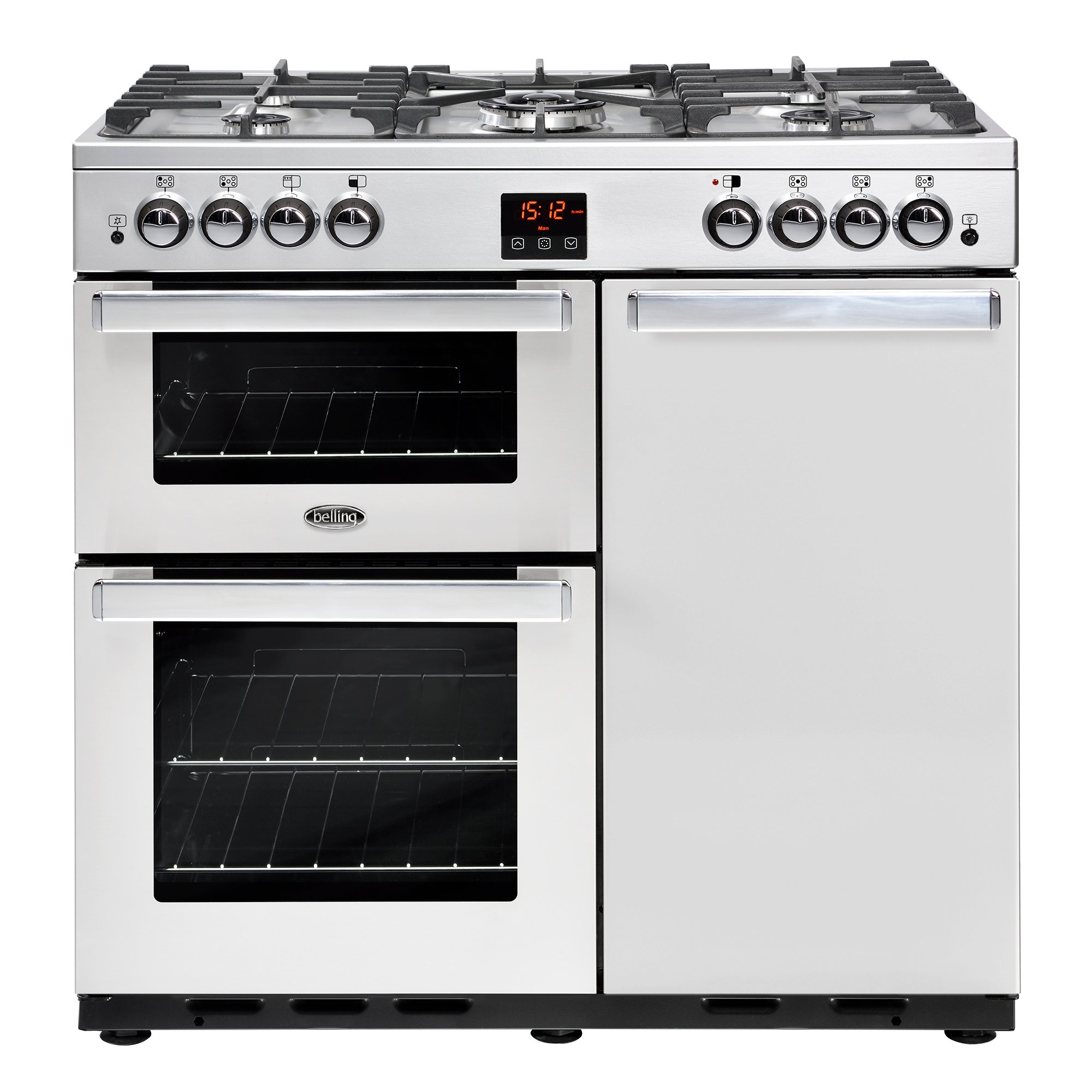 90cm gas range cooker with 5 burner gas hob, separate grill, conventional main oven and tall fanned electric oven.