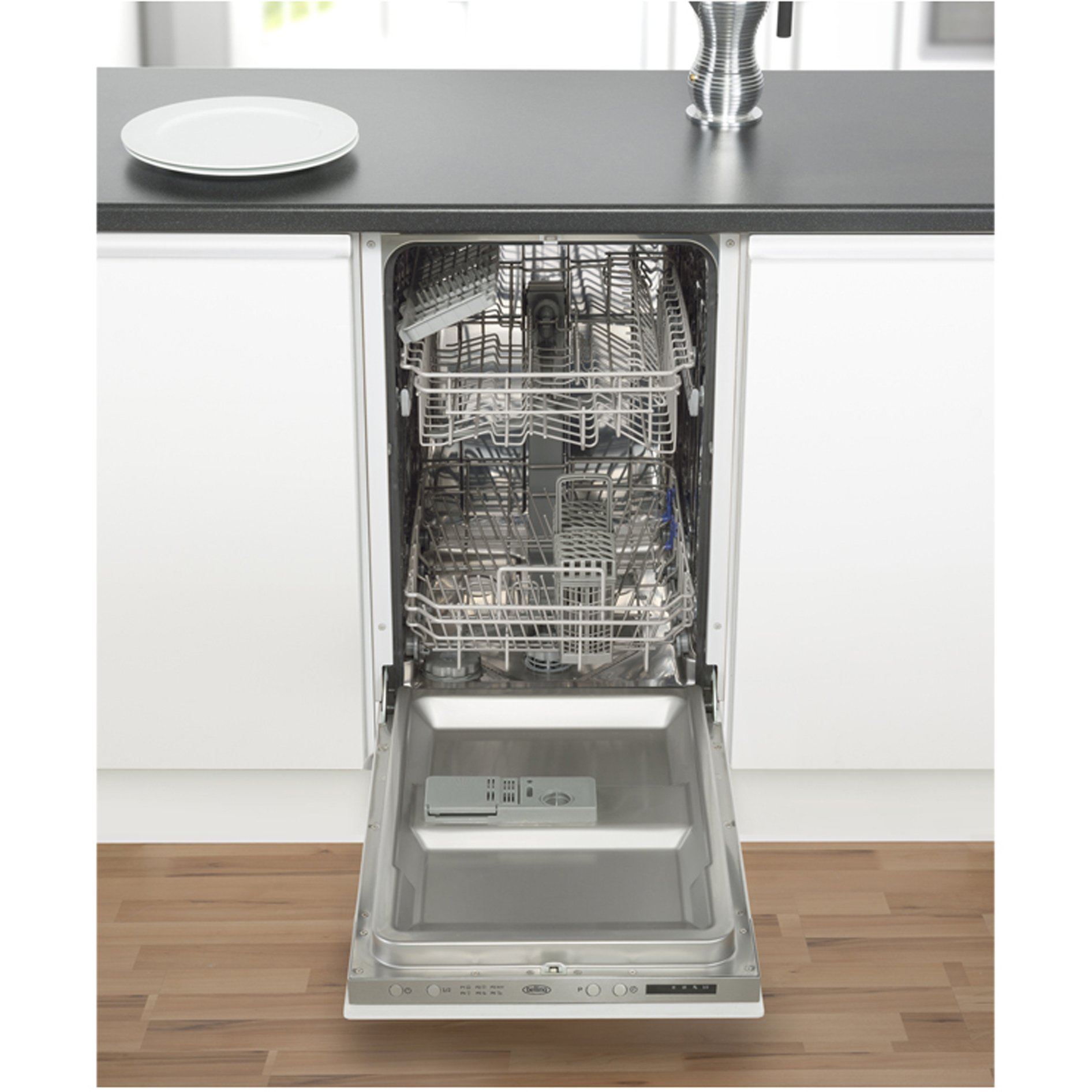 45cm 10 place setting integrated dishwasher features Delay Timer, Residual Heat Drying, Overflow Protection, adjustable upper basket and removable cutlery basket. 
