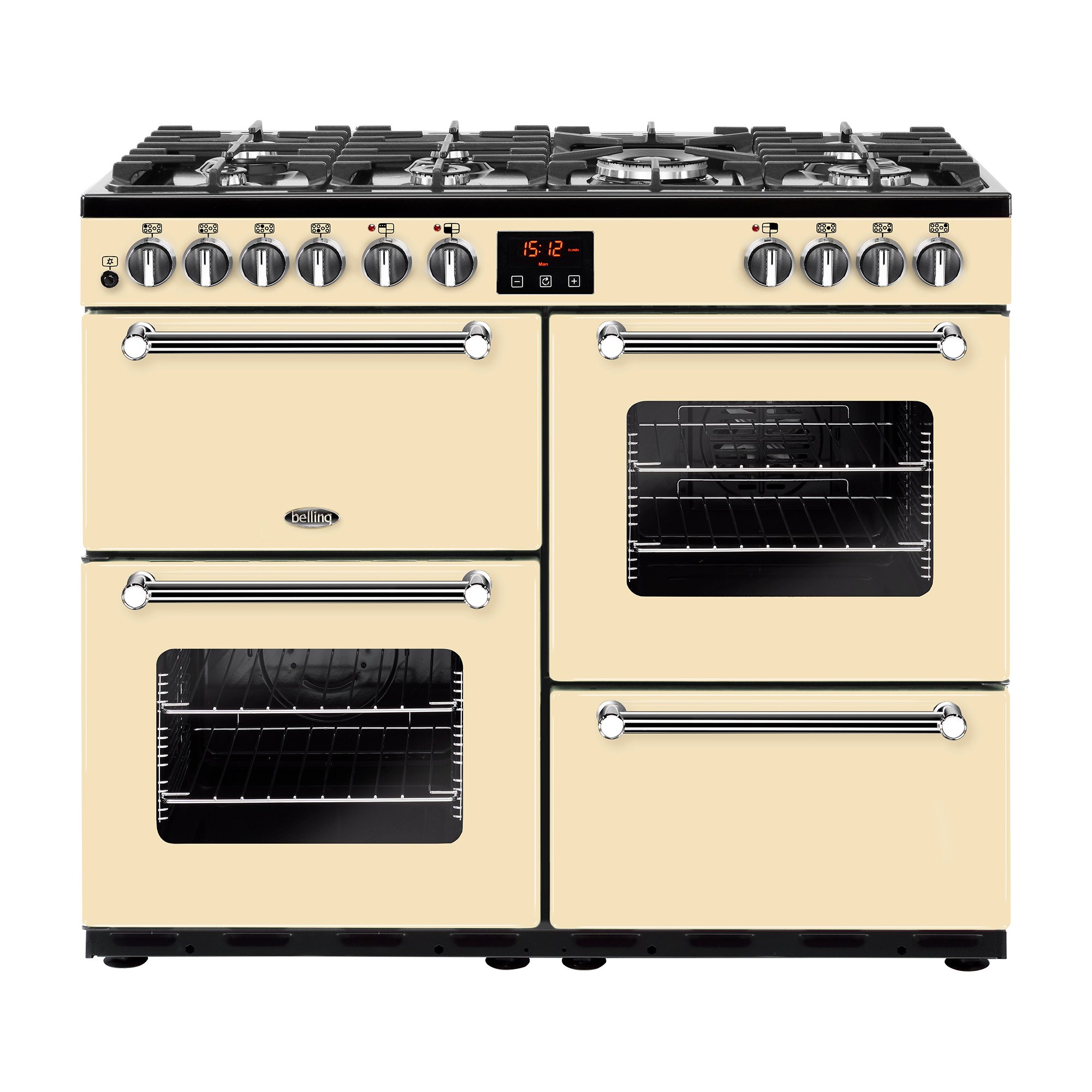 100cm dual fuel range cooker with 7 burner gas hob, Wok Burner, Cast Iron Pan Supports, variable rate electric grill and easy clean enamel.