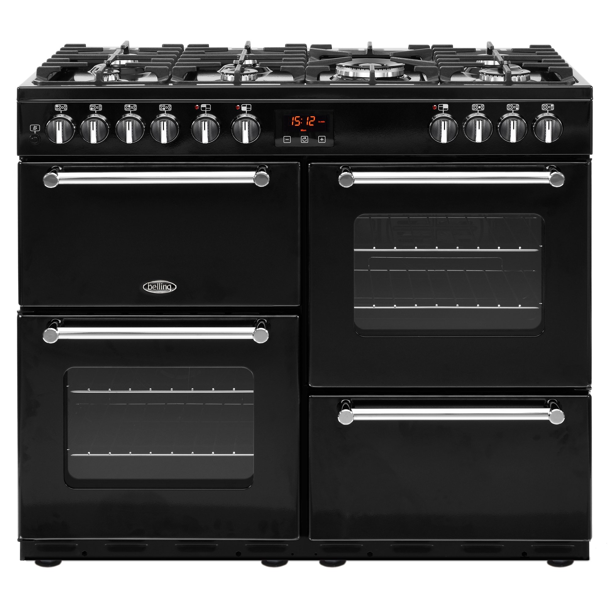 100cm dual fuel range cooker with 7 burner gas hob, Wok Burner, Cast Iron Pan Supports, variable rate electric grill and easy clean enamel.
