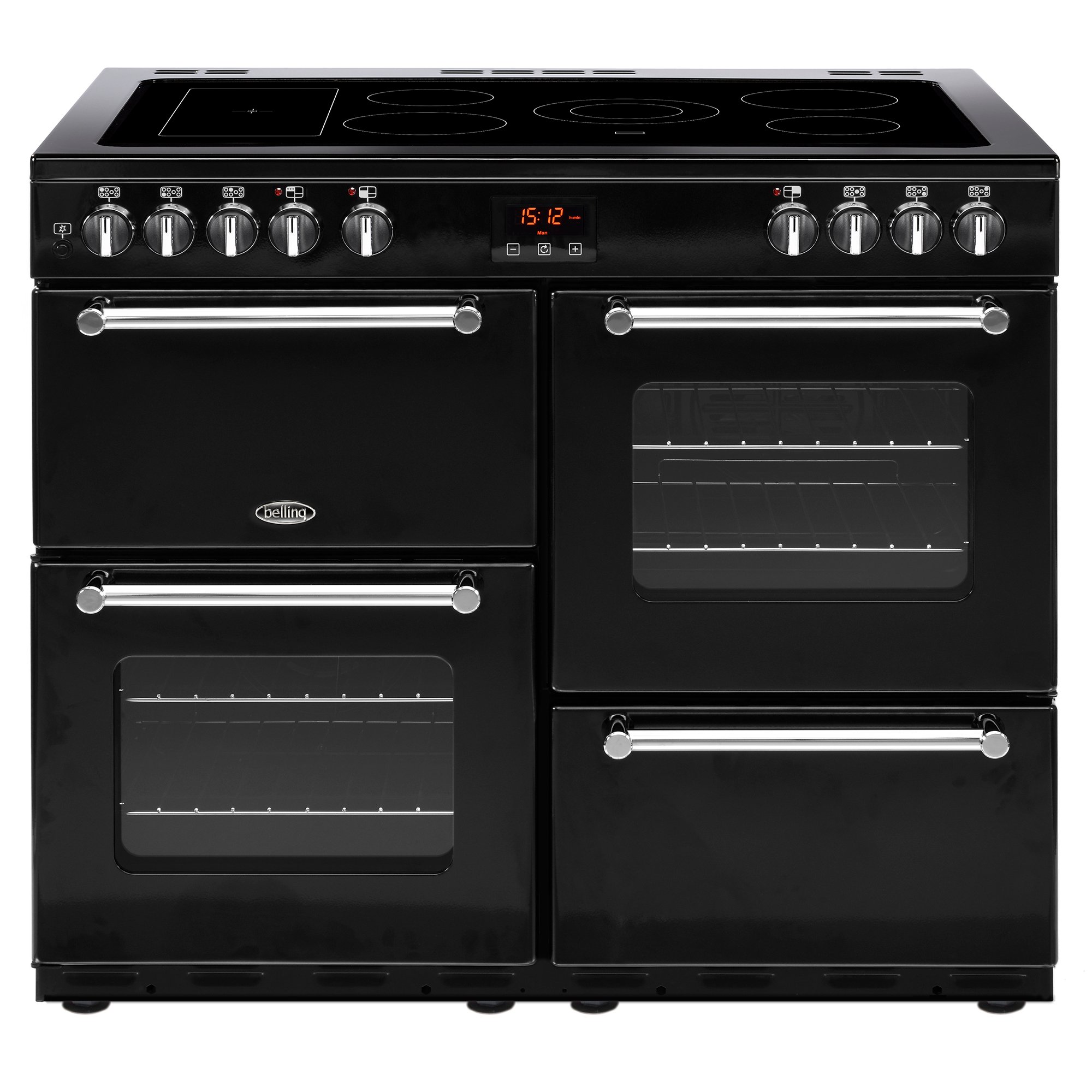 100cm electric range cooker with 5 zone ceramic hob and additional warming zone, variable rate electric grill, 2 conventional ovens and a main fanned oven.