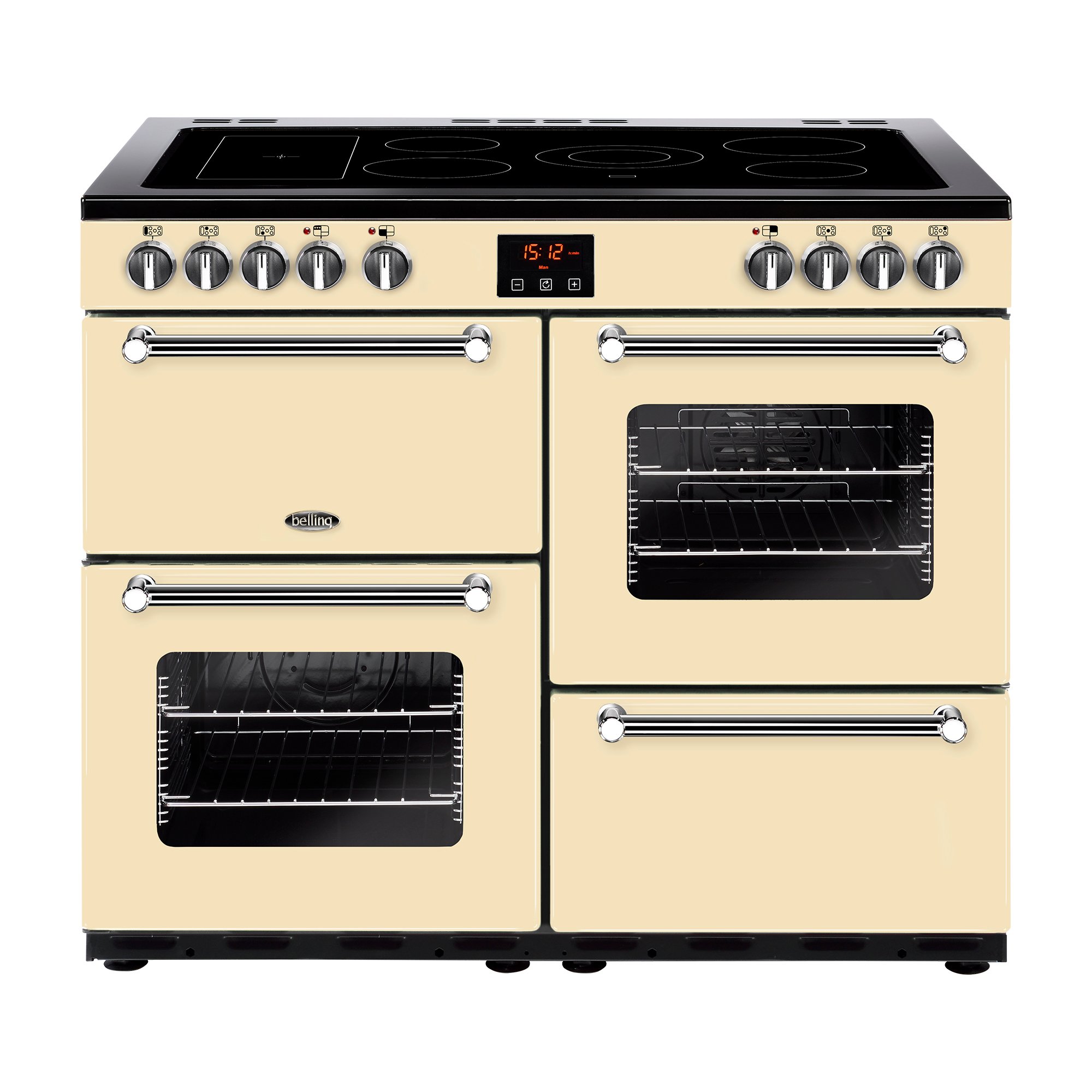 100cm electric range cooker with 5 zone ceramic hob and additional warming zone, variable rate electric grill, 2 conventional ovens and a main fanned oven.