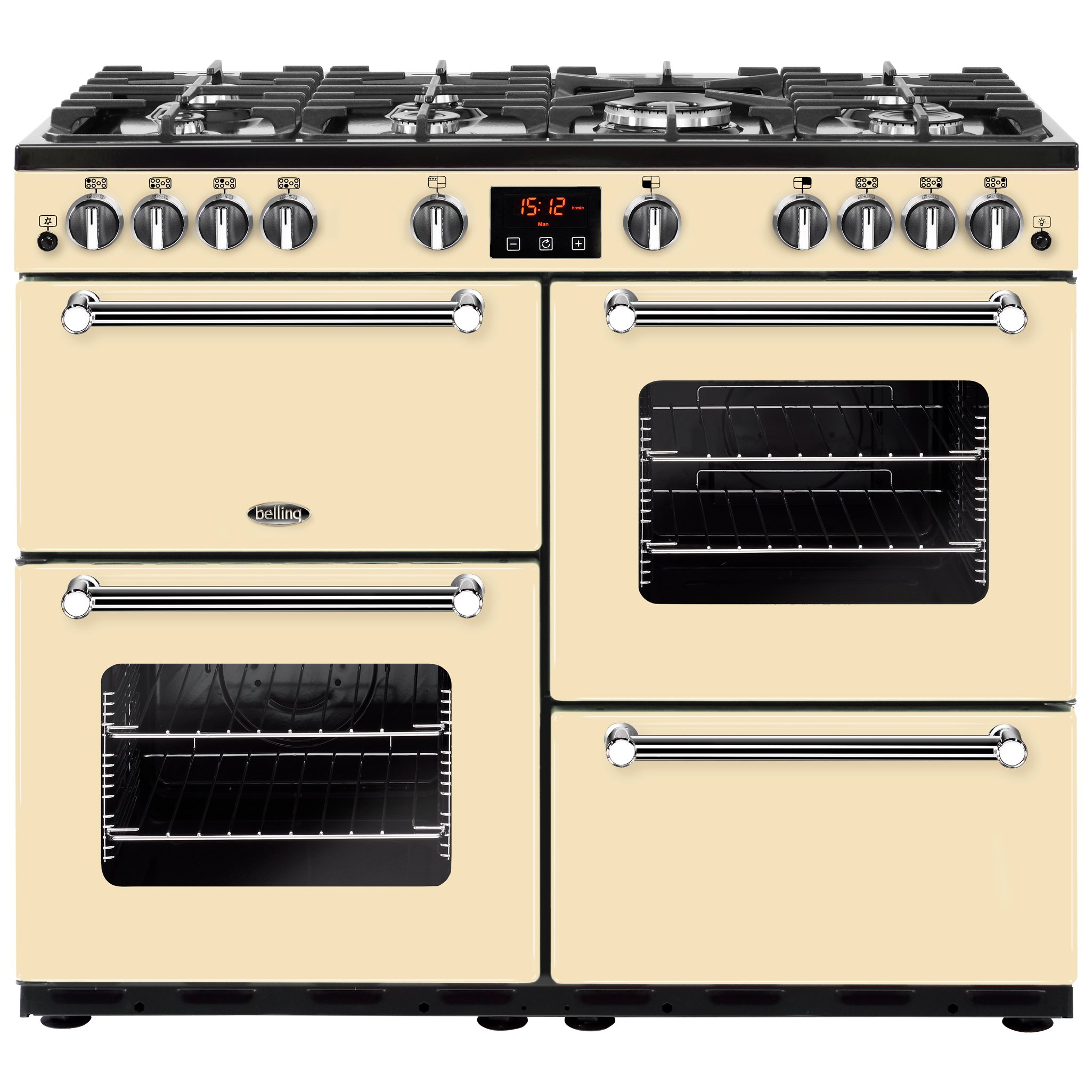 100cm gas range cooker with 7 burner gas hob, 4kW Powerwok, Cast Iron Pansure Supports, Minute Minder and easy clean enamel.