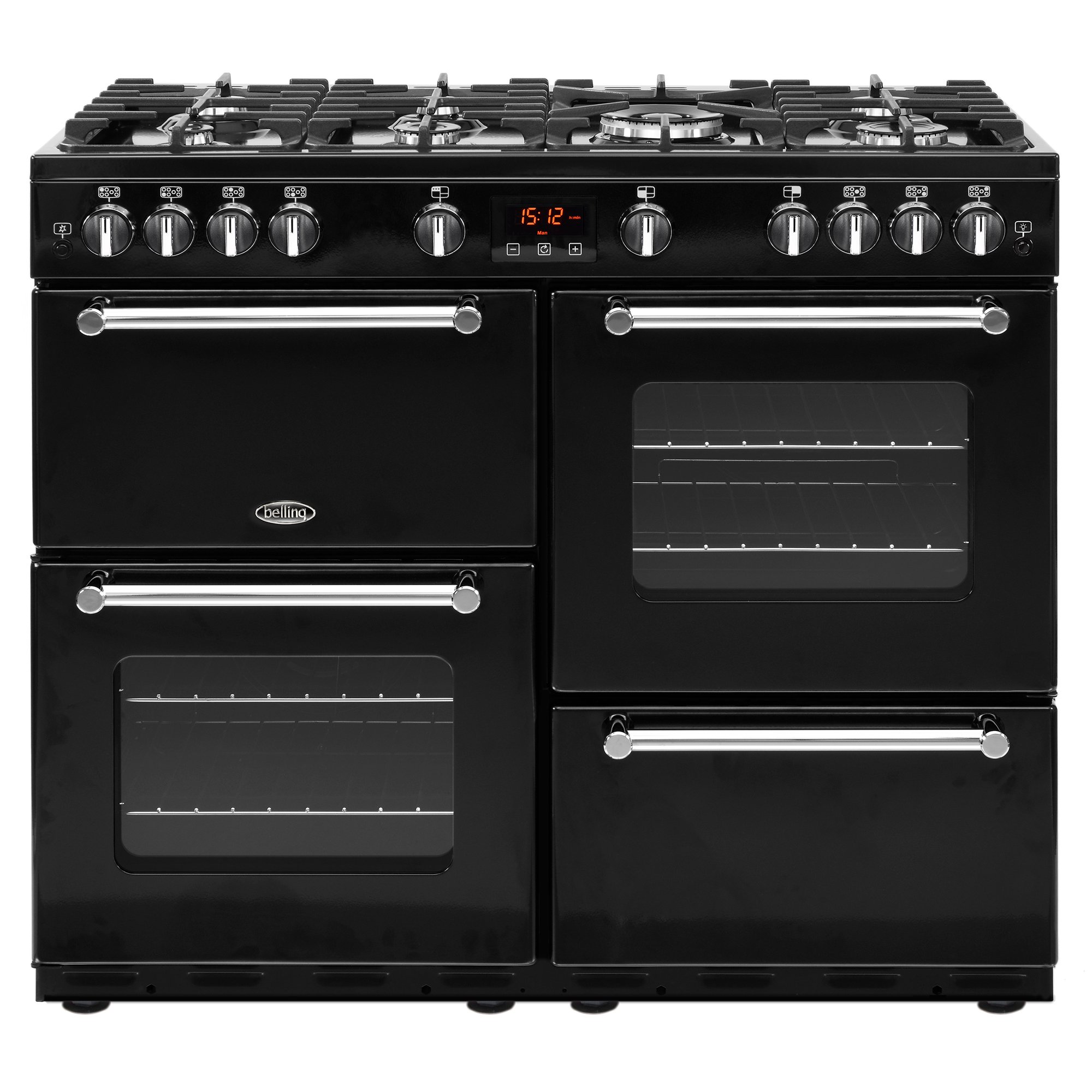 100cm gas range cooker with 7 burner gas hob, 4kW Powerwok, Cast Iron Pansure Supports, Minute Minder and easy clean enamel.